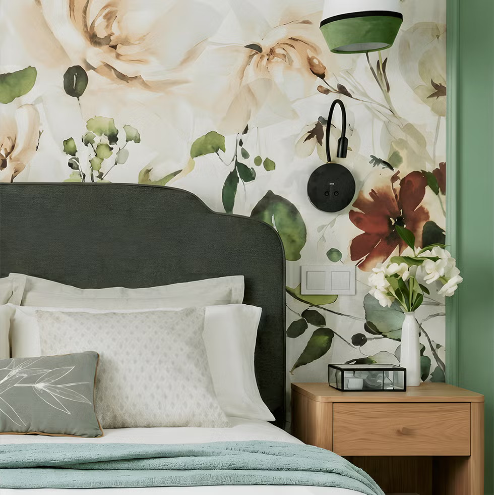 chambre papier-peint végétal décoration verte appartement de 58m2