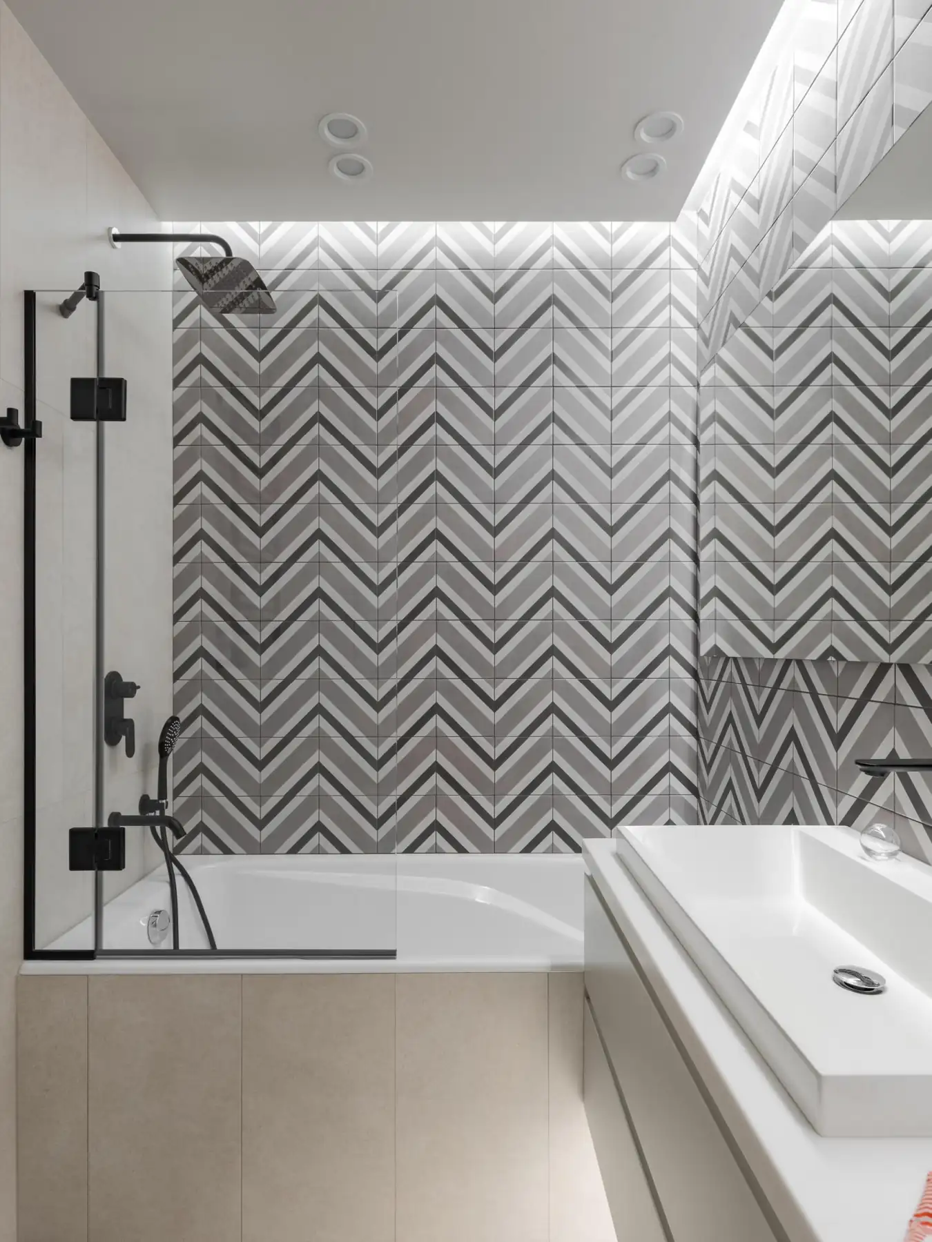 graphic tiles bathroom two-room flat with IKEA furniture