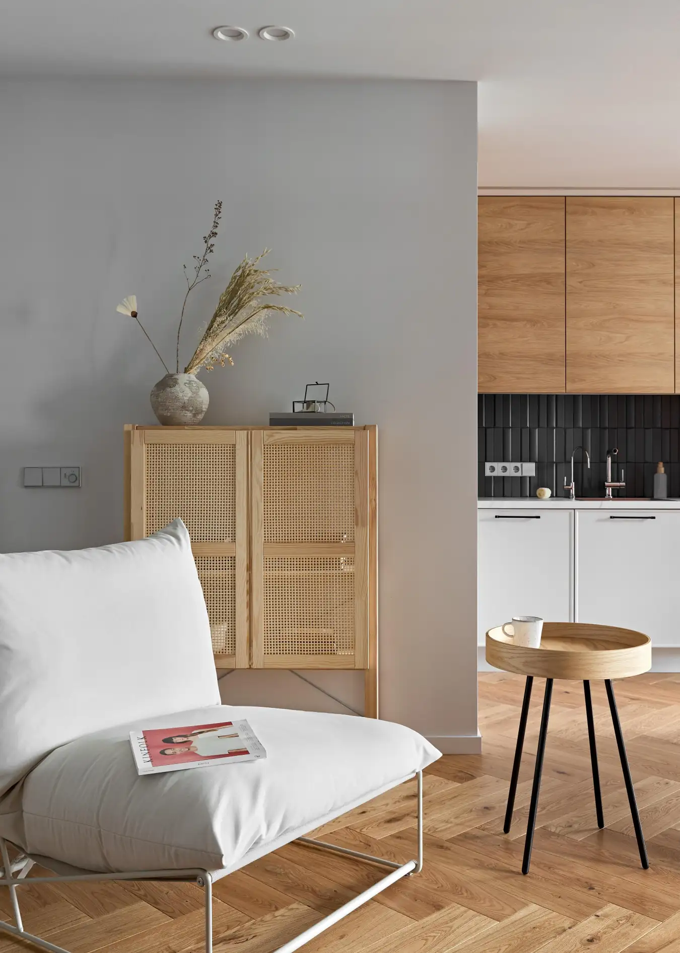 kitchen and living room small modern apartment with IKEA furniture