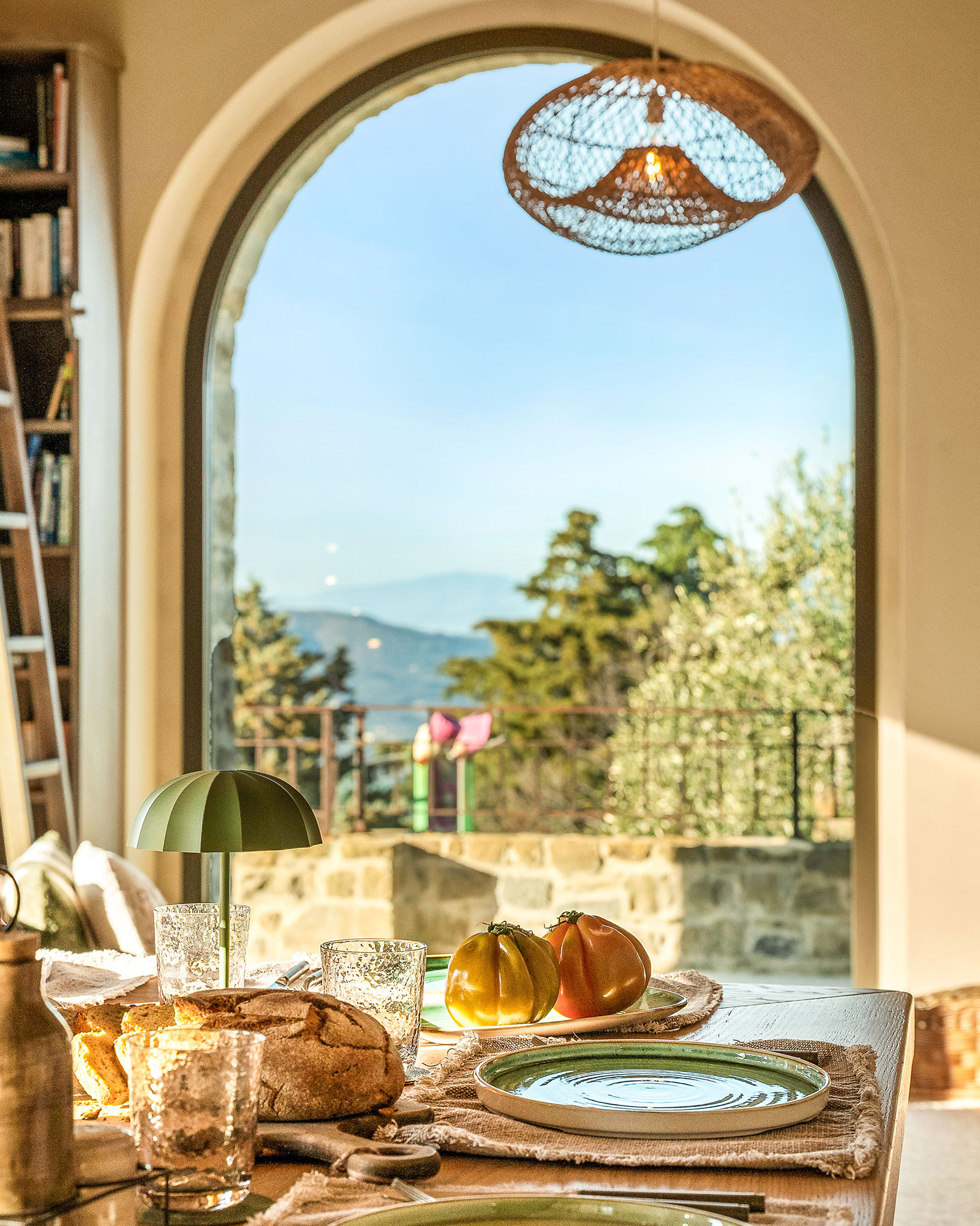 kitchen with arched window stone house with pool La Torre Umbria