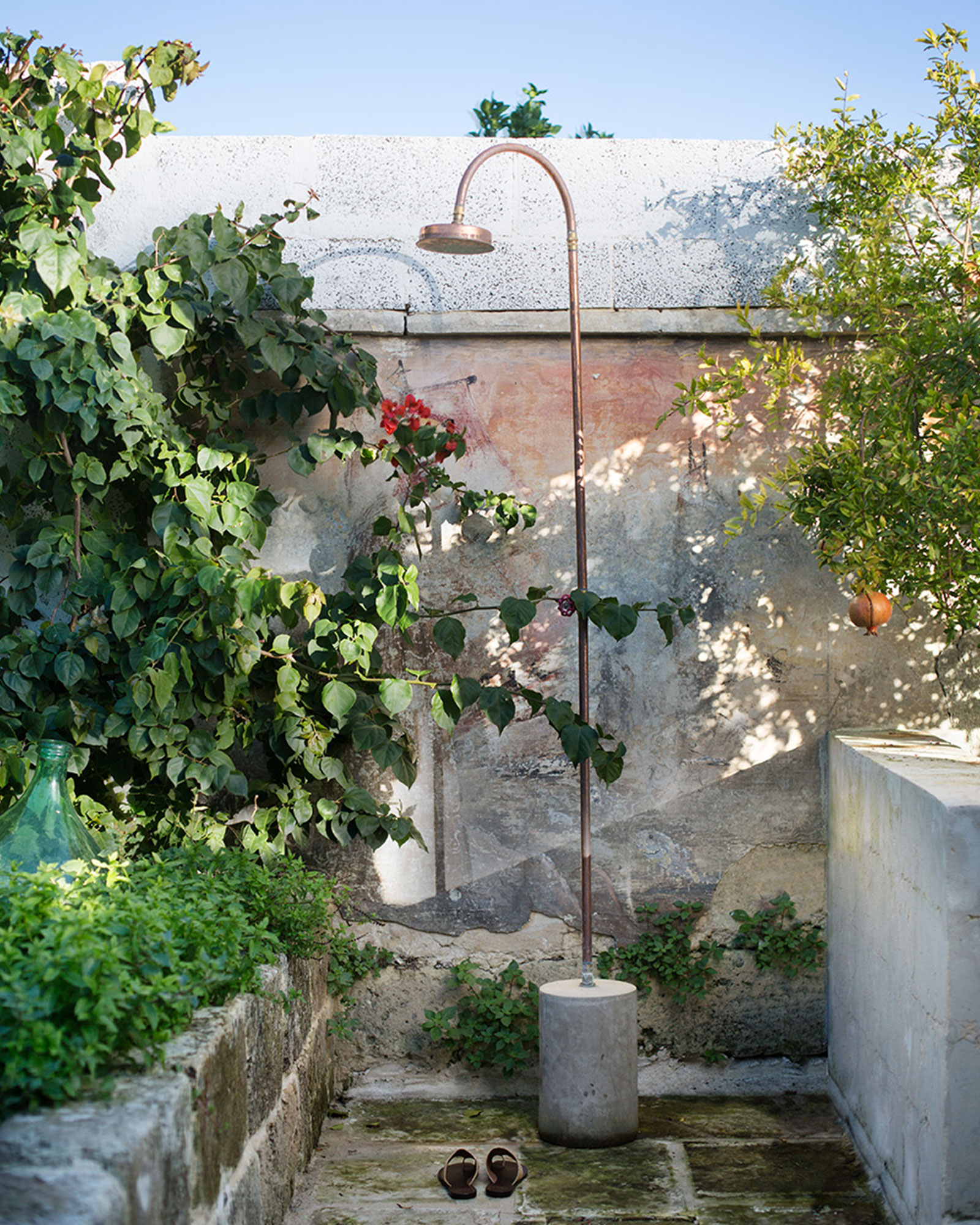 garden shower on terrace renovated historic townhouse in Puglia