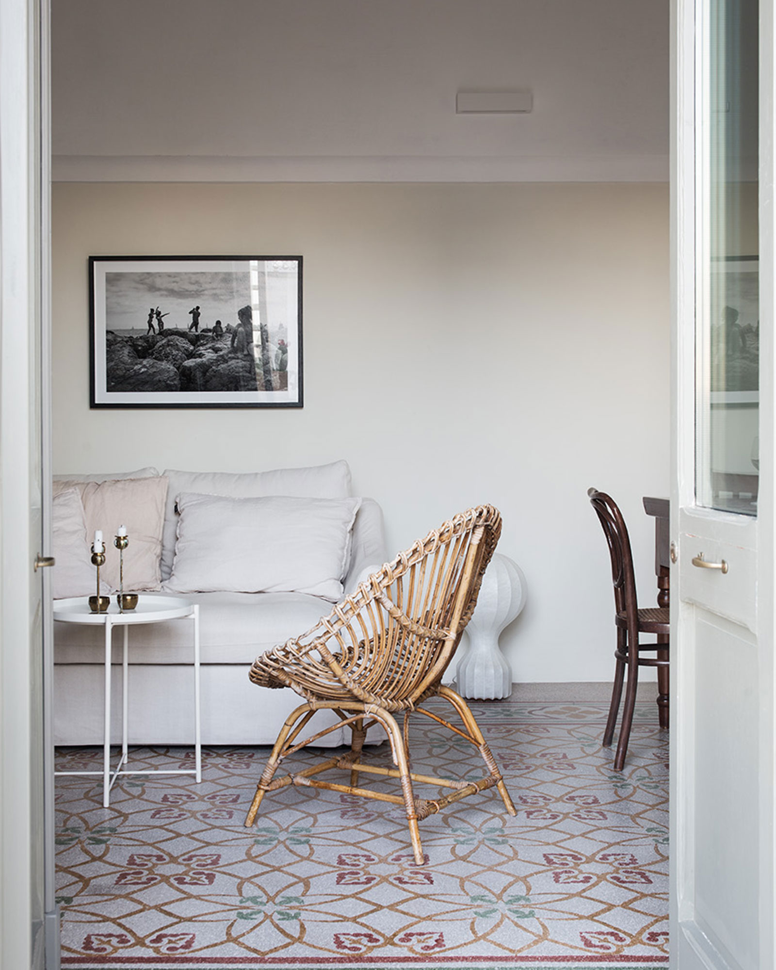 white living room with period floor renovated historic townhouse in Puglia modern decor