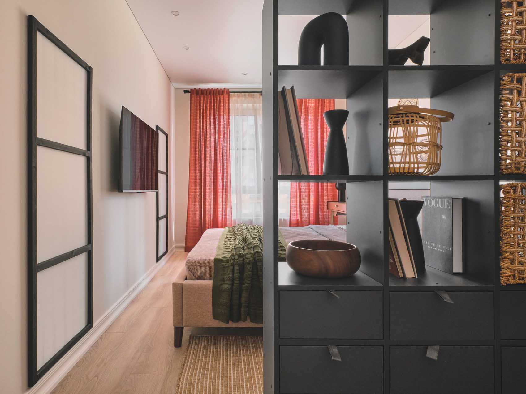 walk in wardrobe and bedroom contemporary decor in a two-room 42sqm apartment
