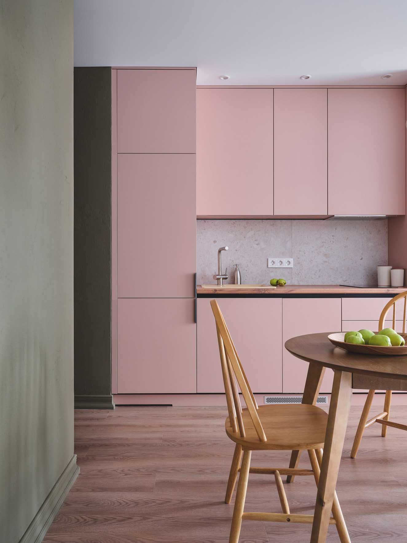 pink kitchen dining room in a two-room 42sqm apartment