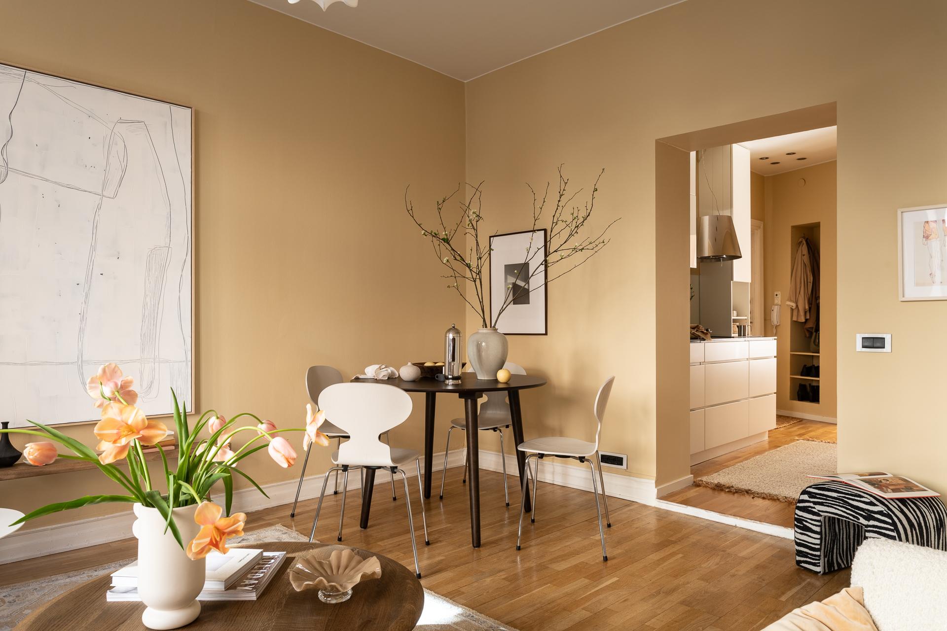 living room with walls in light brown shade scandinavian decor 39sqm one-bedroom apartment
