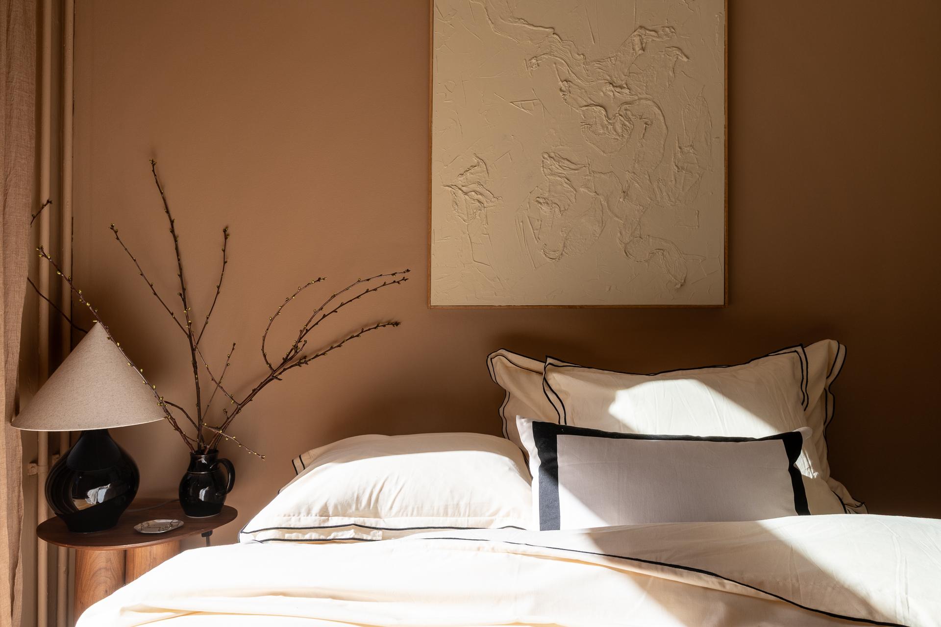 bedroom with walls in light brown shade