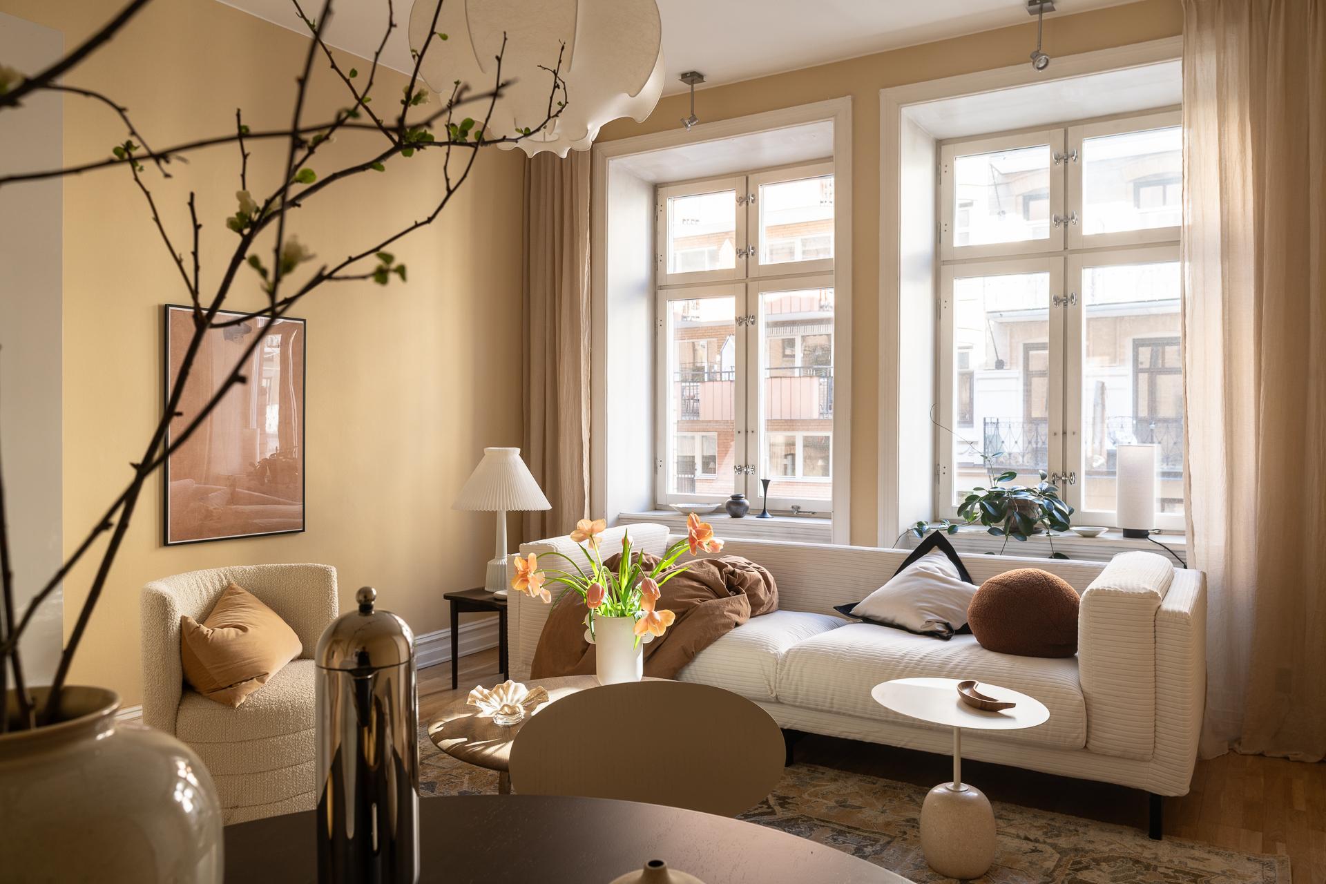 living room with walls in light brown shade scandinavian decor 39sqm one-bedroom apartment