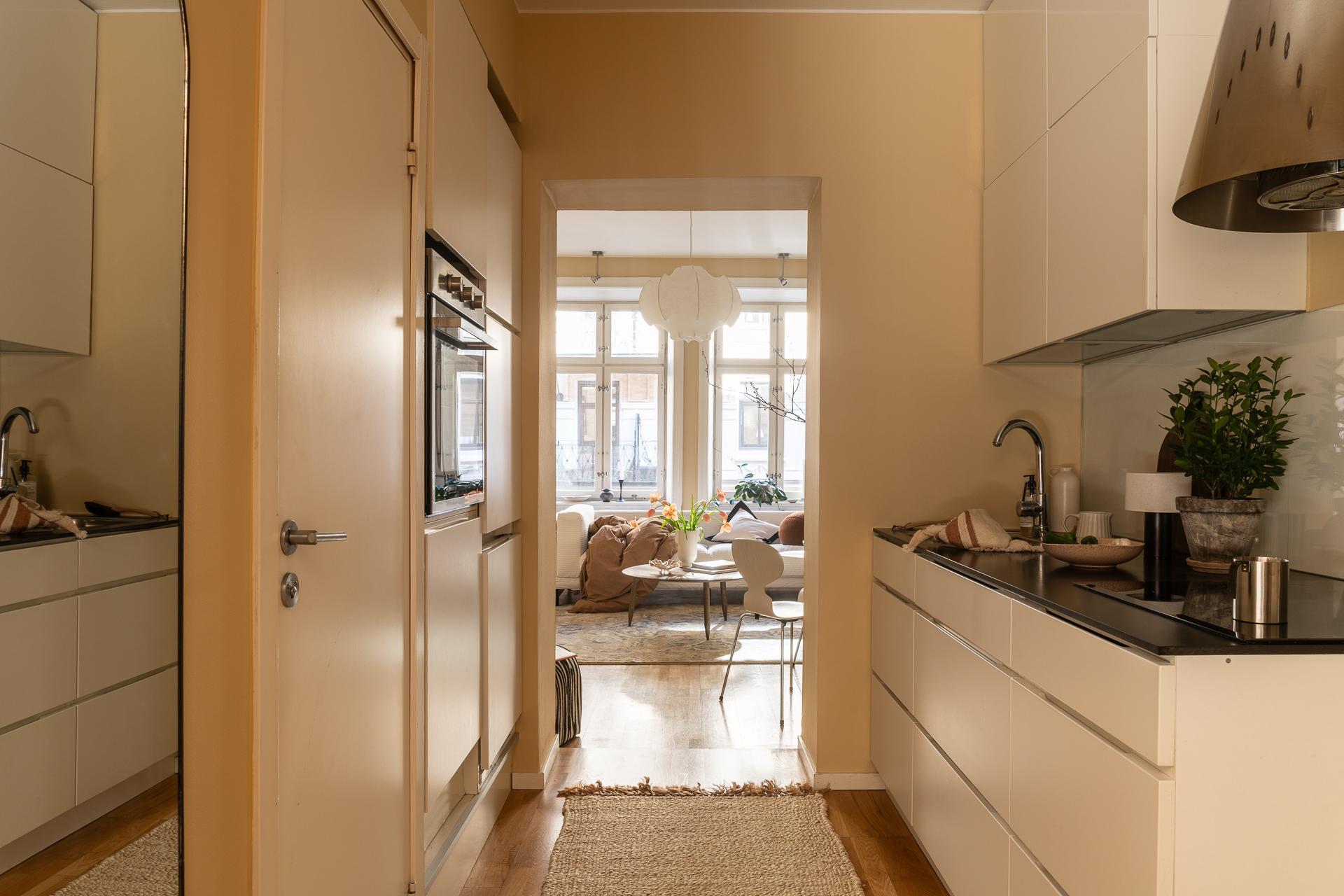 designer kitchen with walls in light brown shade scandinavian decor 