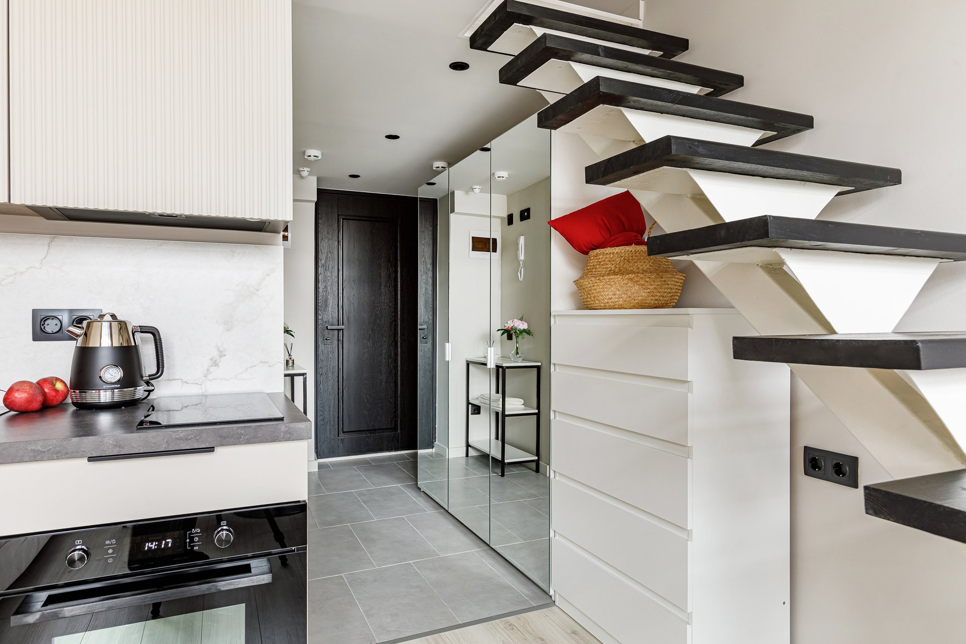 living room with kitchen and stairs 20sqm studio designer decor