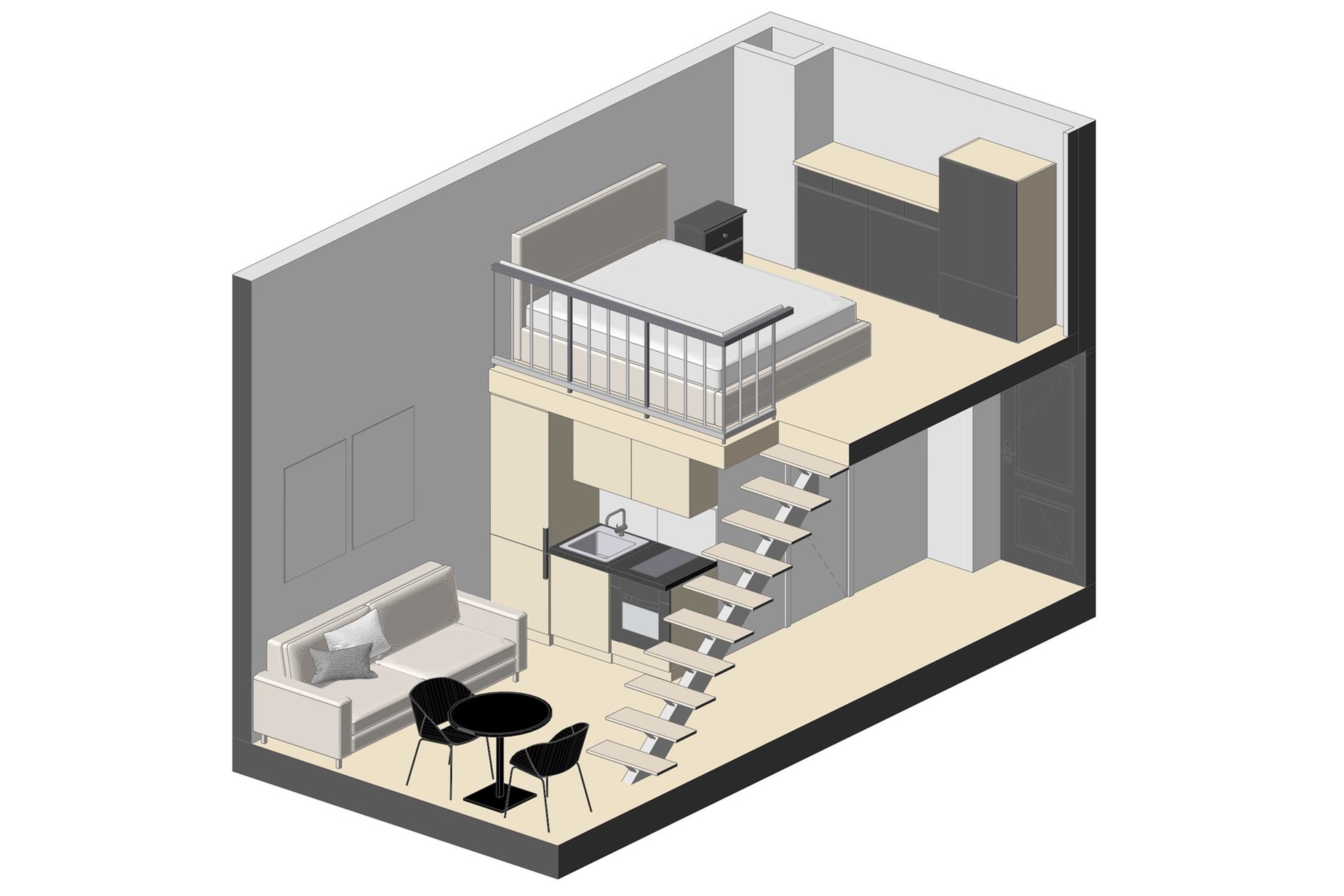 3D plan 20sqm studio with mezzanine