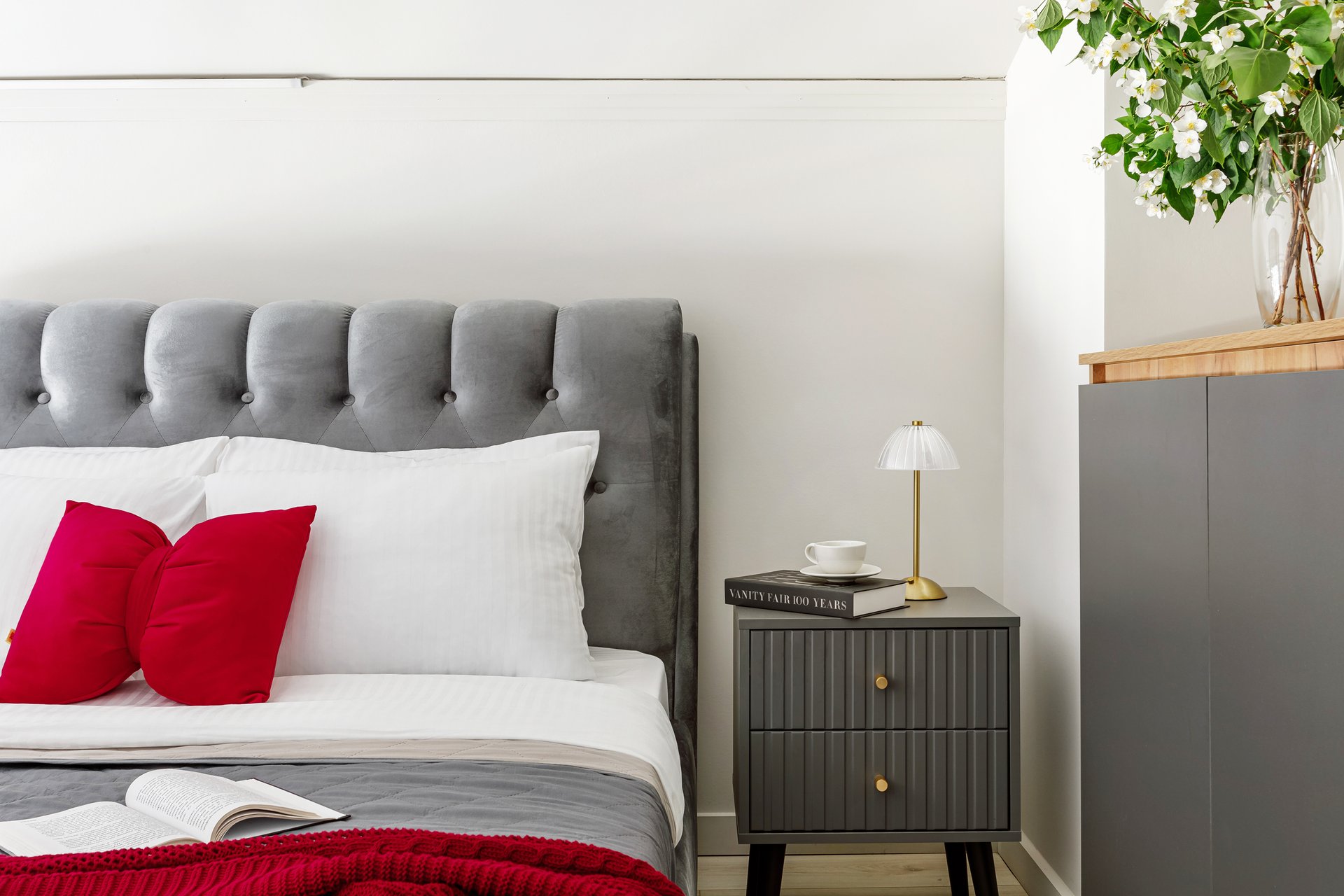 gray and red bedroom on low mezzanine designer decor