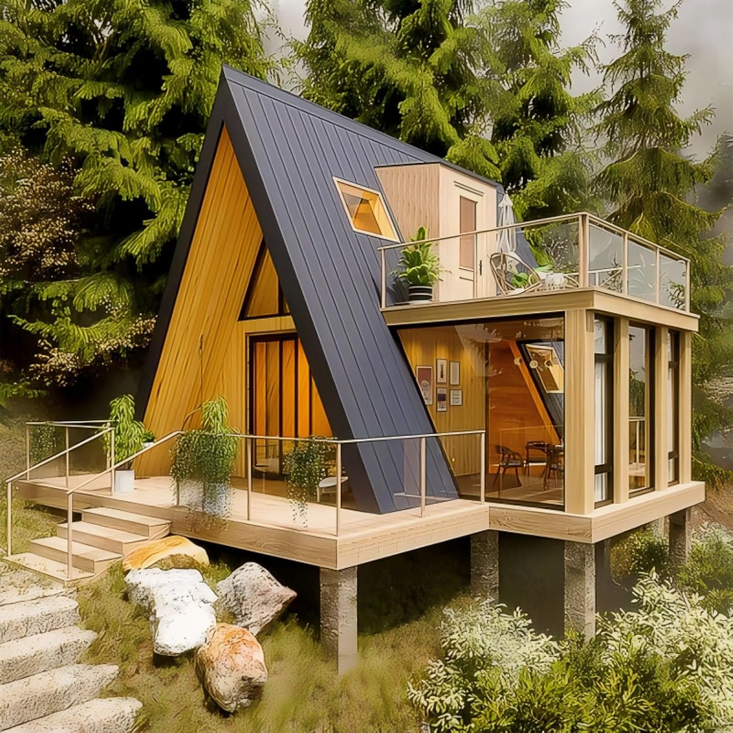 maison préfabriquée Amazon type A-Frame triangulaire en bois