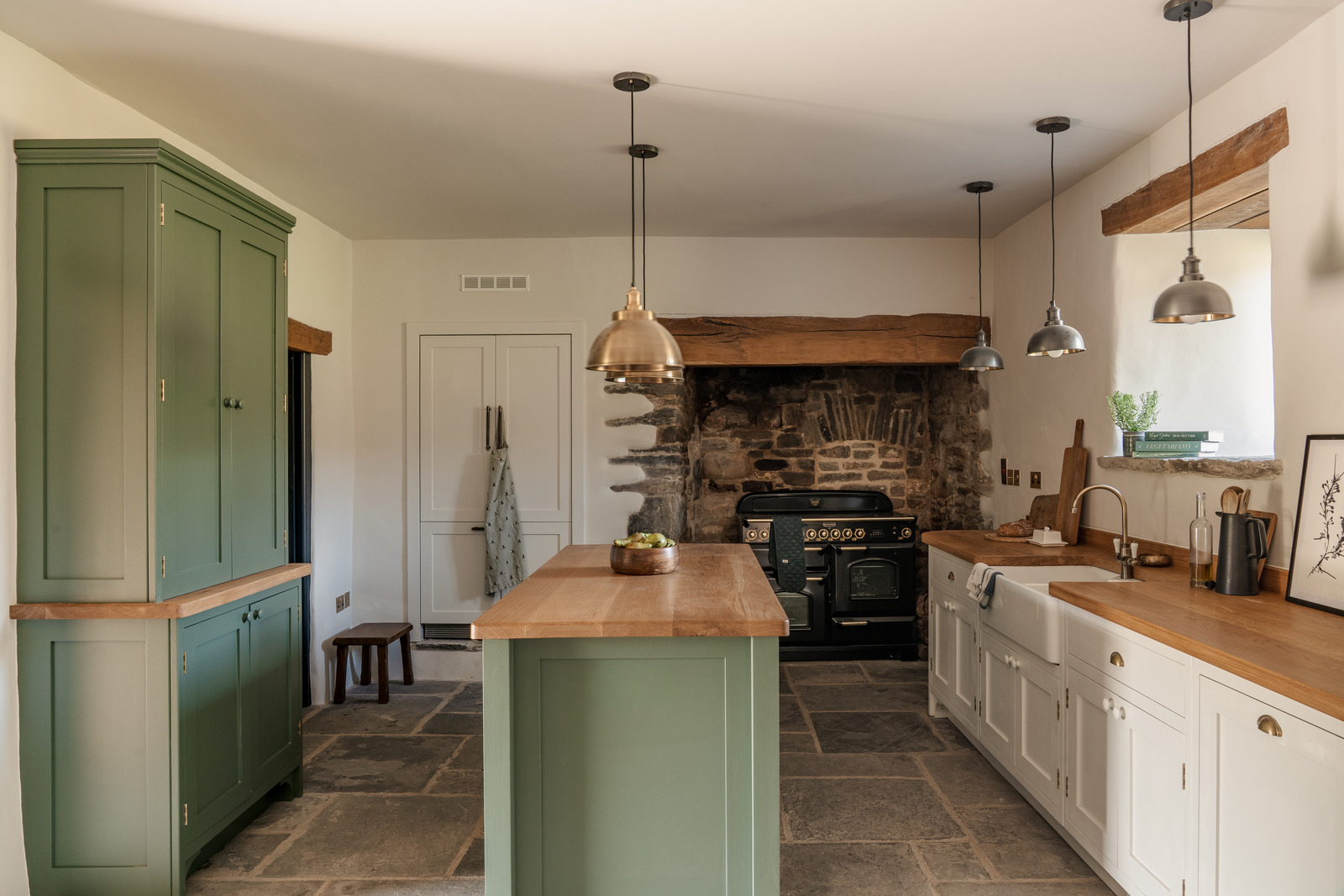 white and green kitchen with beams rustic chic decor Welsh stone house white and green kitchen with beams rustic chic decor Welsh stone house