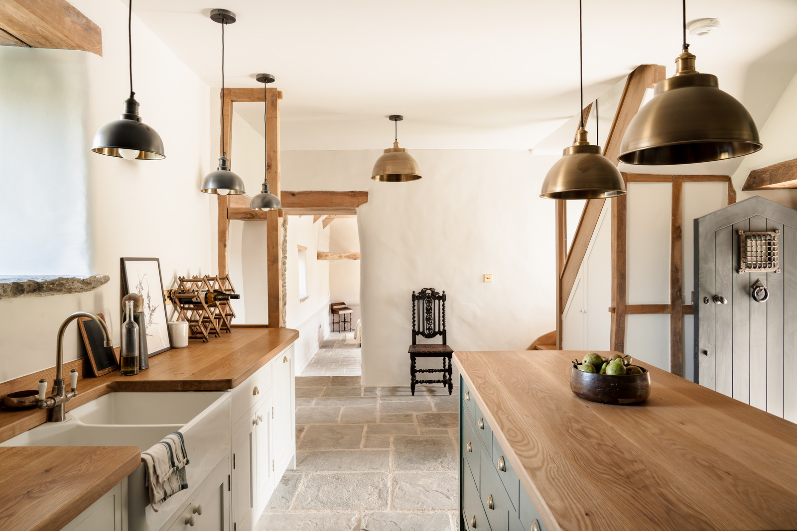 white and green kitchen with beams rustic chic decor Welsh stone house white and green kitchen with beams rustic chic decor Welsh stone house