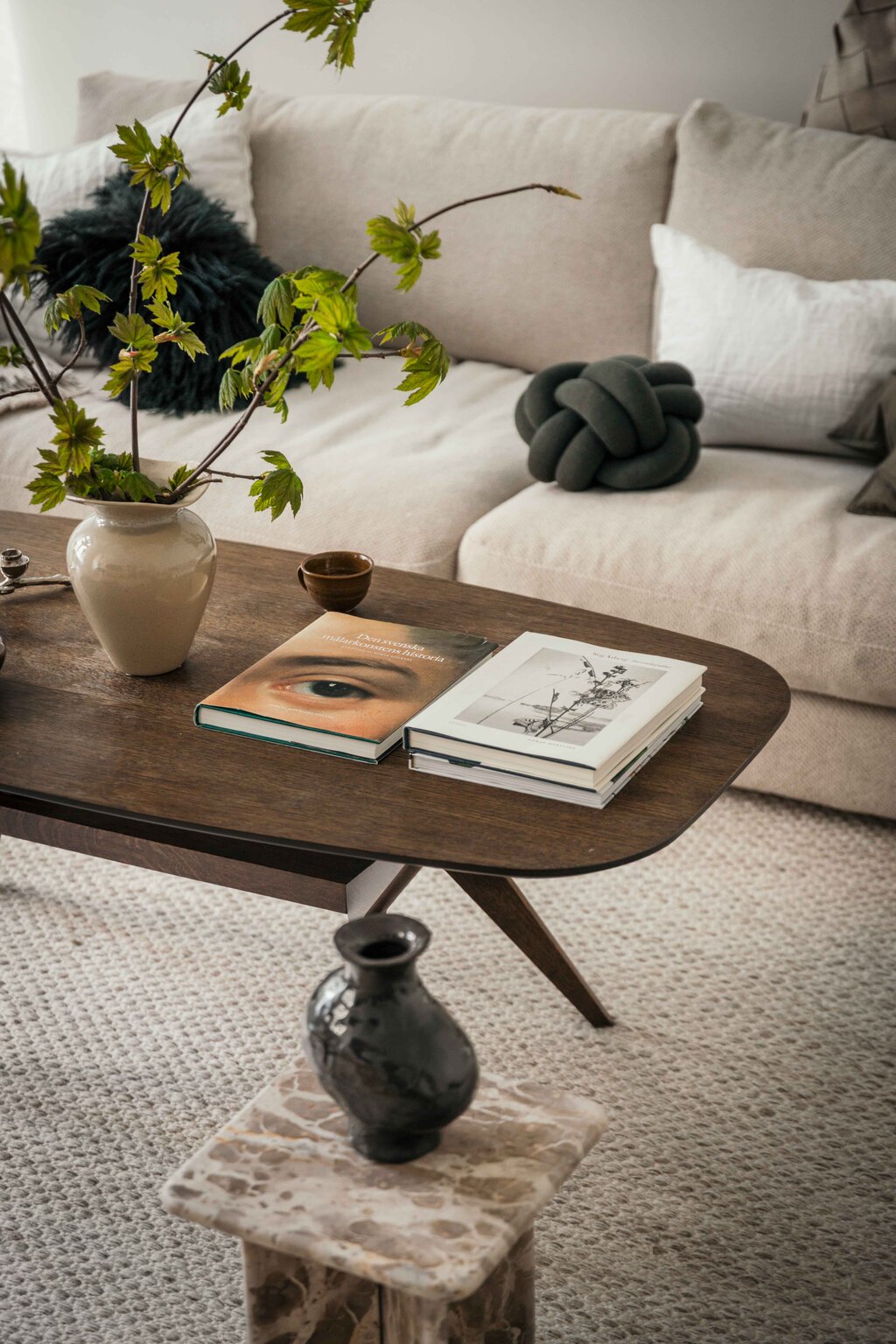 salon canapé beige table basse noyer décoration scandinave