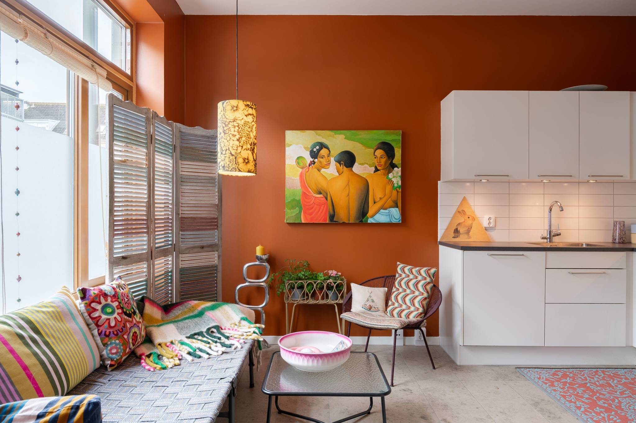 living room maximalist decor terracotta walls and white open kitchen living room maximalist decor terracotta walls and white open kitchen