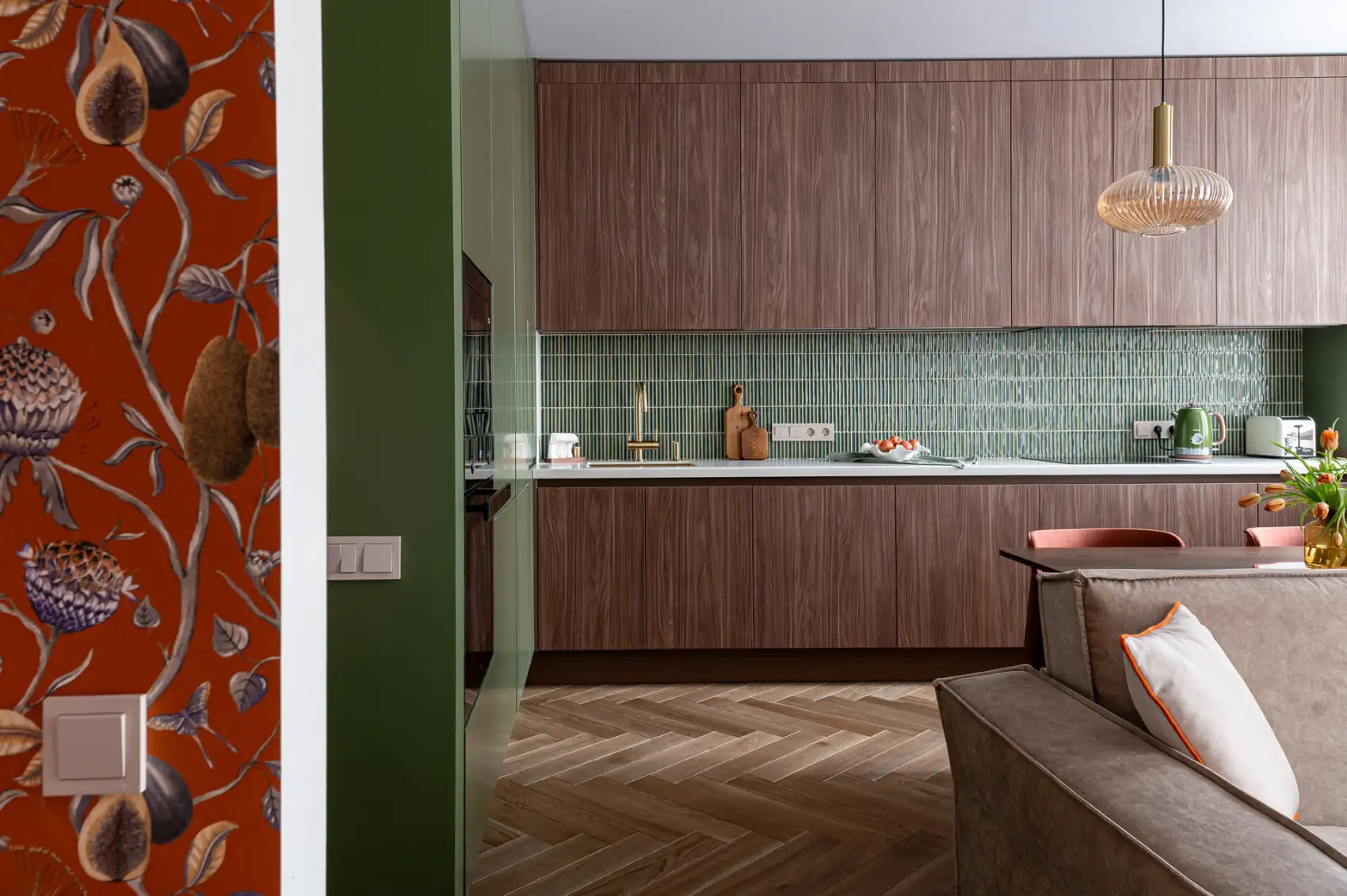 open walnut designer kitchen in living room 61sqm two-room apartement contemporary decor