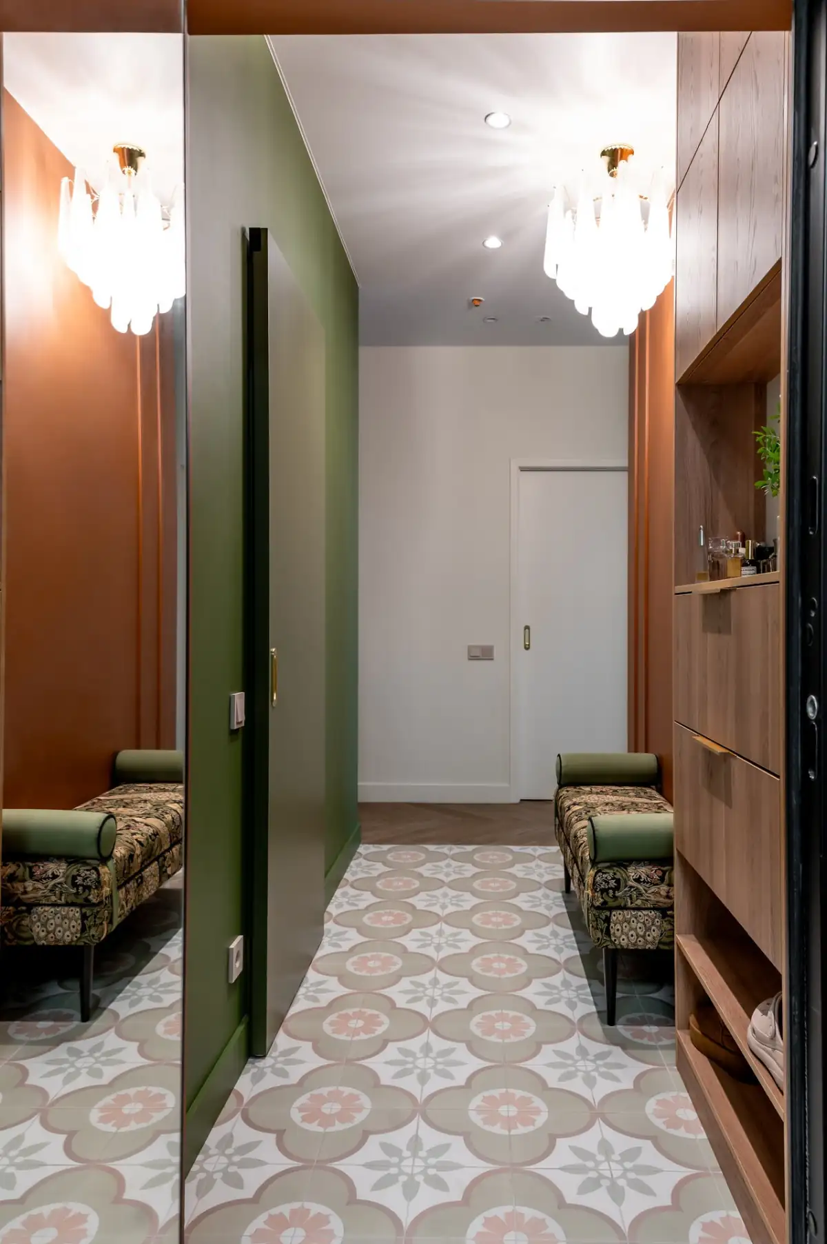 orange and green entryway vintage cement tiles