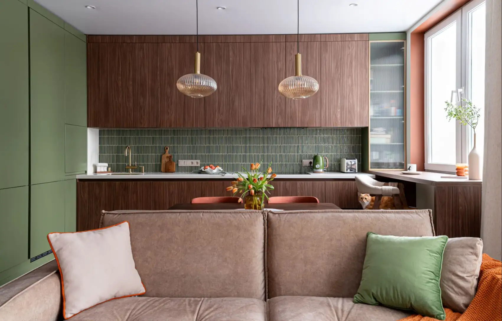 open walnut green tiles designer kitchen in living room 61sqm two-room apartement contemporary decor