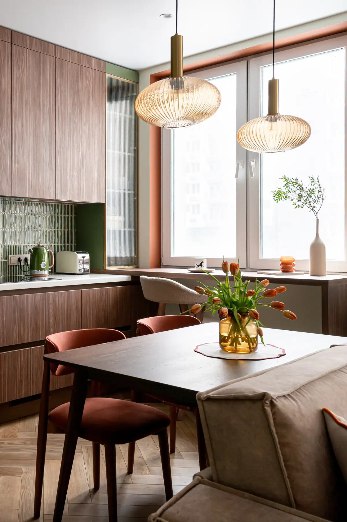 open walnut green tiles designer kitchen and dining room 61sqm two-room apartement contemporary decor
