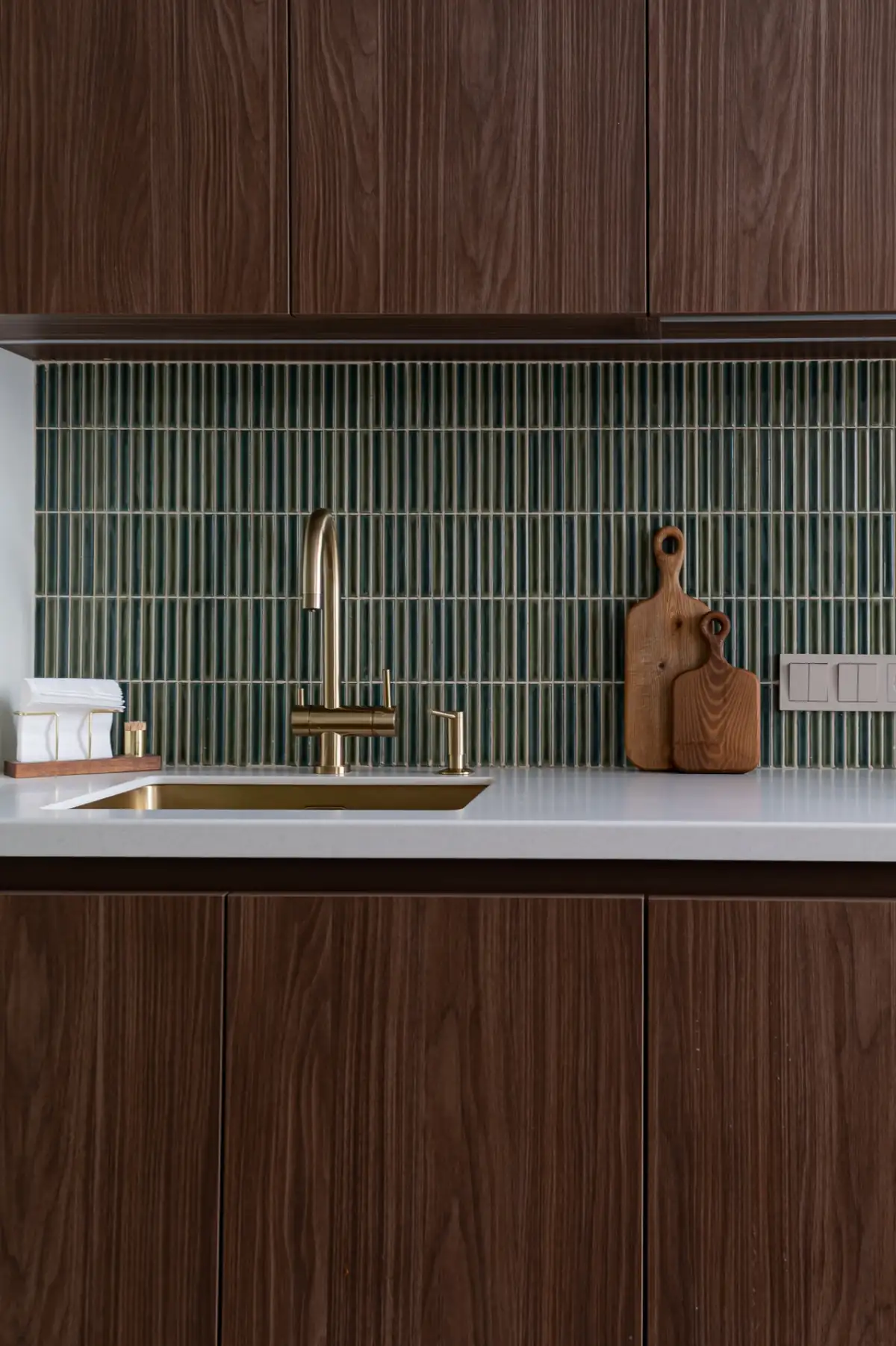 open walnut green tiles designer kitchen