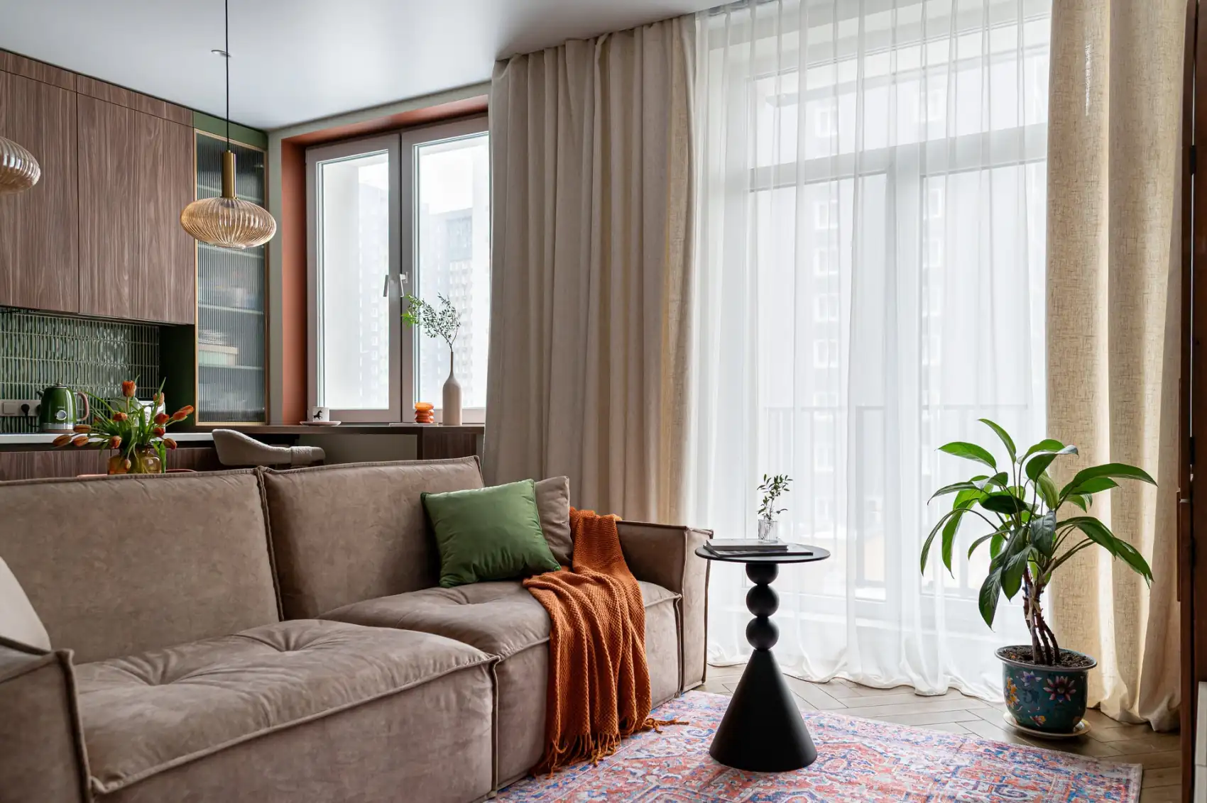 open walnut green tiles designer kitchen in living room 61sqm two-room apartement contemporary decor