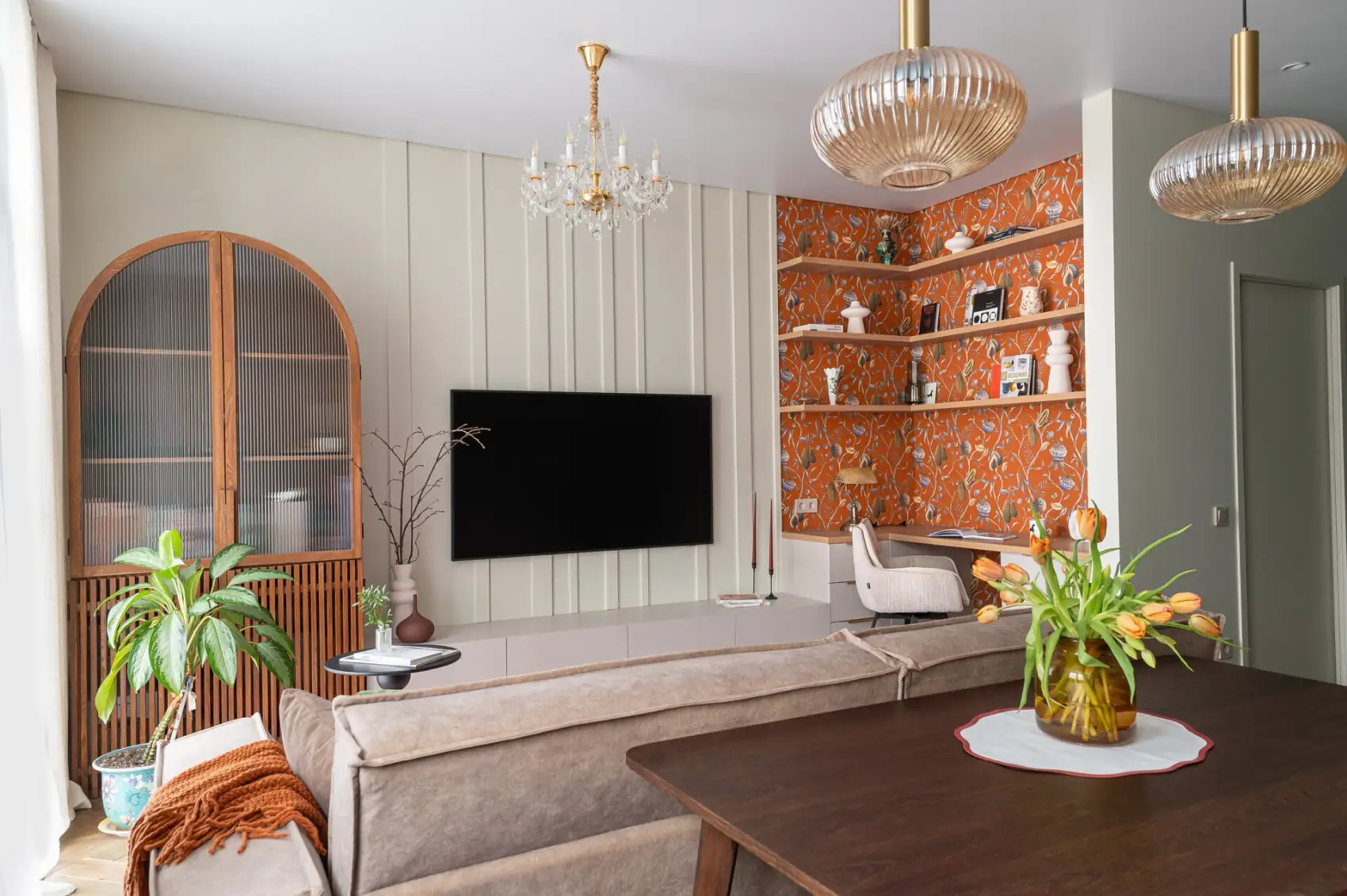 home office with orange botanical wallpaper in living room 61sqm two-room apartement contemporary decor