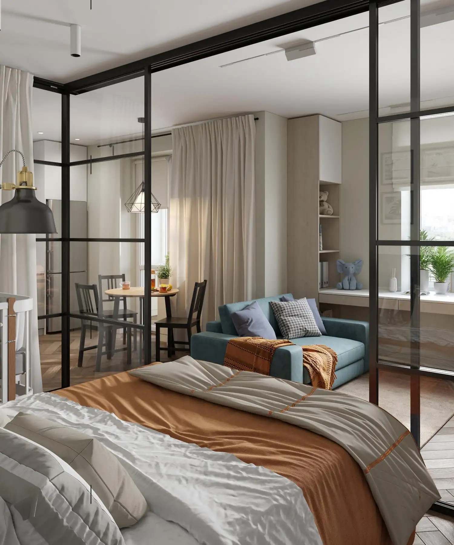 salon cuisine ouverte et chambre fermée par verrière studio 43m2 pour trois décoration contemporaine