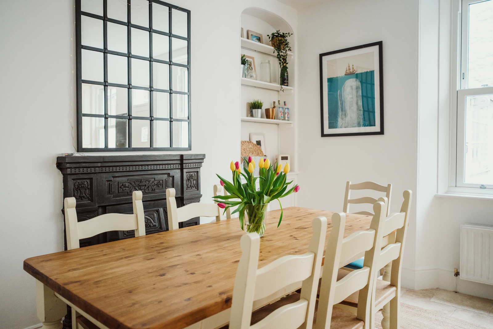 dining room rustic chic decor with period fireplace terraced Victorian house near the sea dining room rustic chic decor with period fireplace terraced Victorian house near the sea