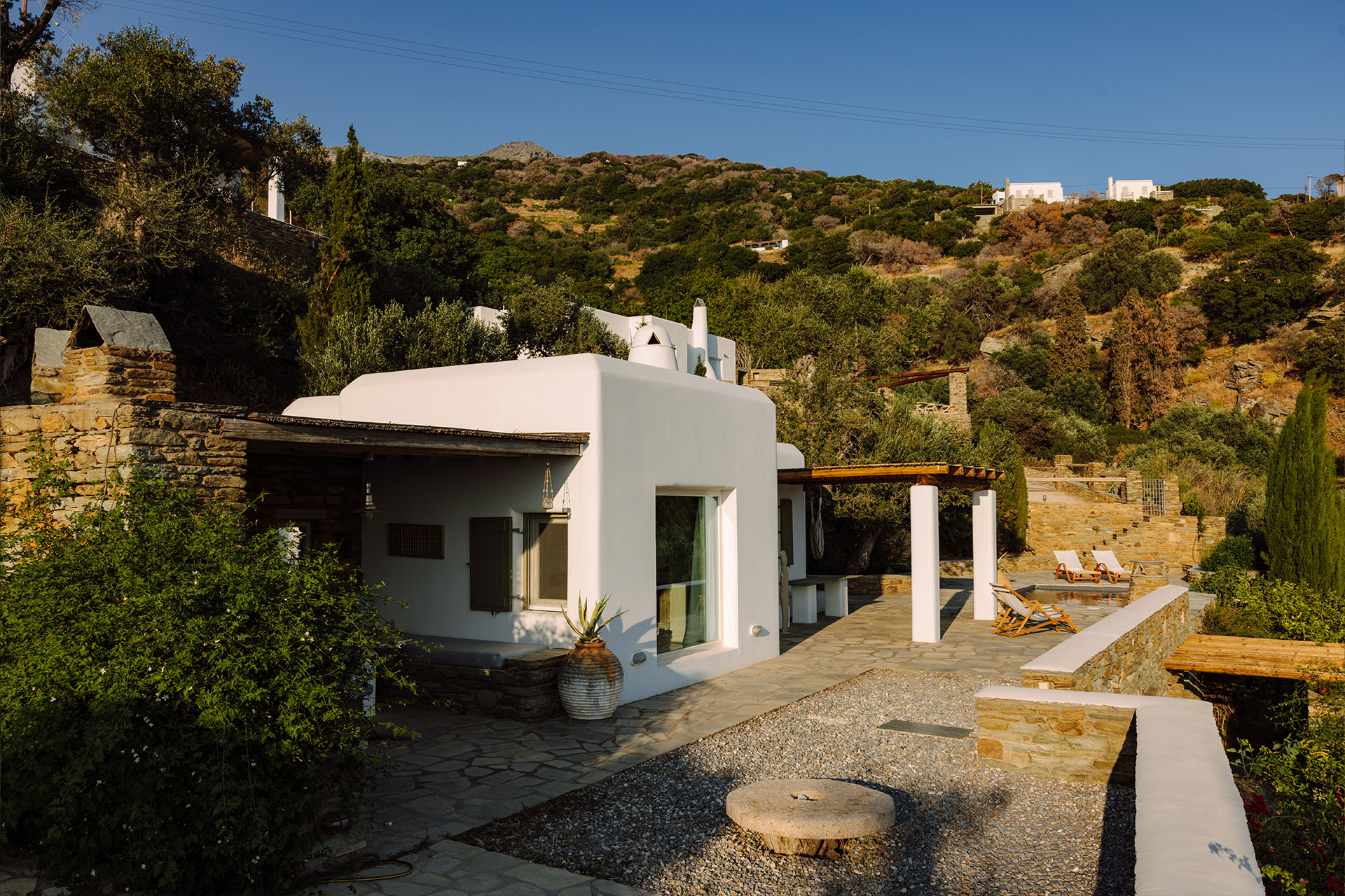 terrace minimalist house with pool Villa Rizza island of Andros Greece