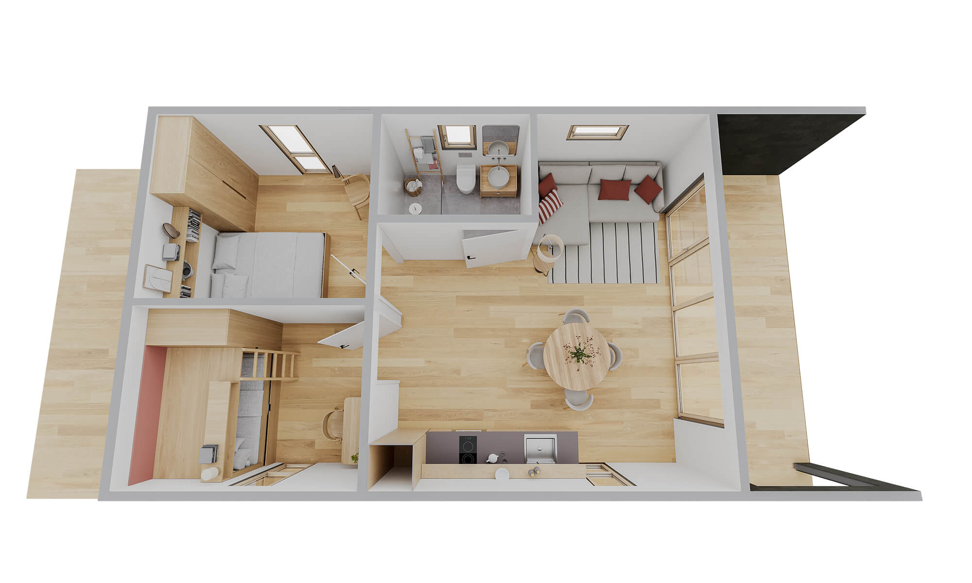 plan 3D petite maison 44m2 préfabriquée kit RE2020 avec permis de construire ROANNE V2_A2 Chalet Pro