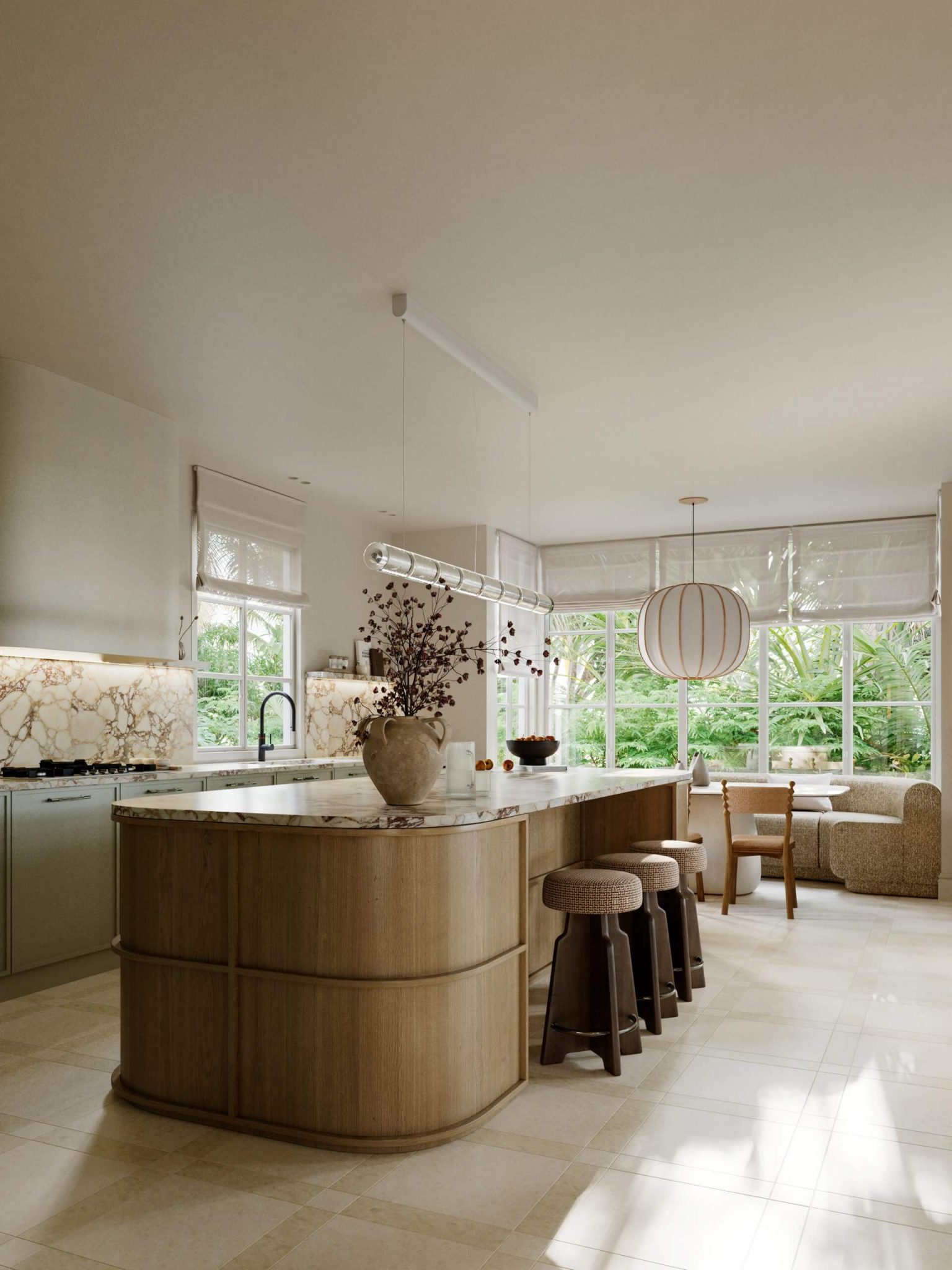 cuisine noyer et marbre avec îlot et salle à manger décoration contemporaine cuisine noyer et marbre avec îlot et salle à manger décoration contemporaine