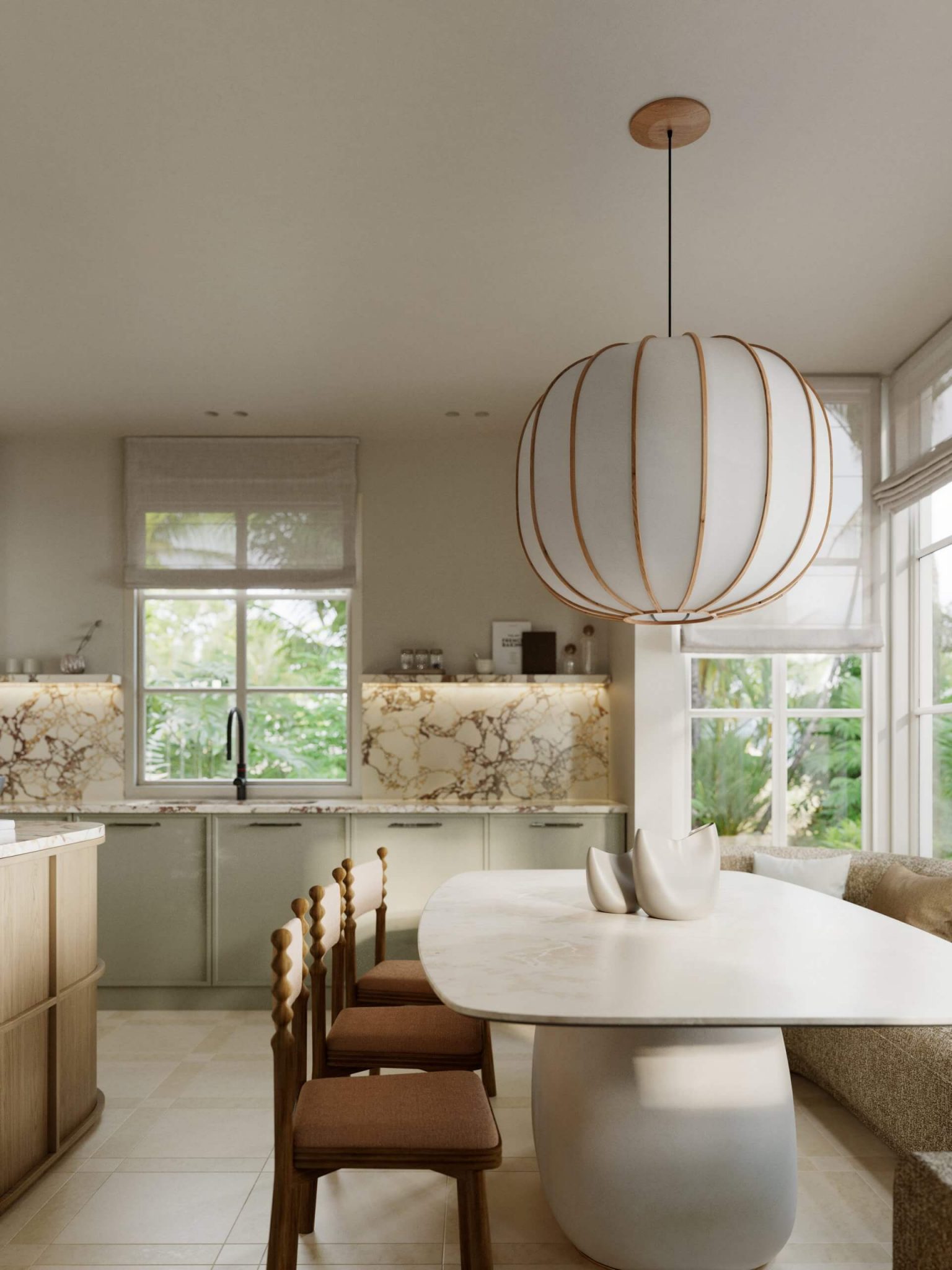 cuisine noyer et marbre avec îlot et salle à manger décoration contemporaine cuisine noyer et marbre avec îlot et salle à manger décoration contemporaine