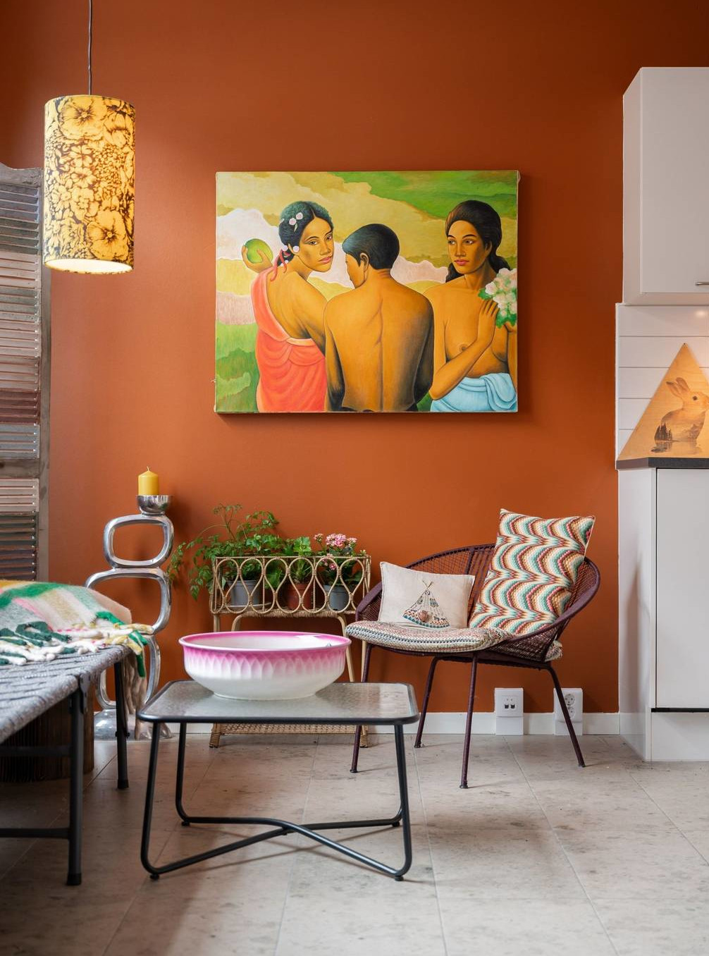 living room maximalist decor terracotta walls and white open kitchen living room maximalist decor terracotta walls and white open kitchen