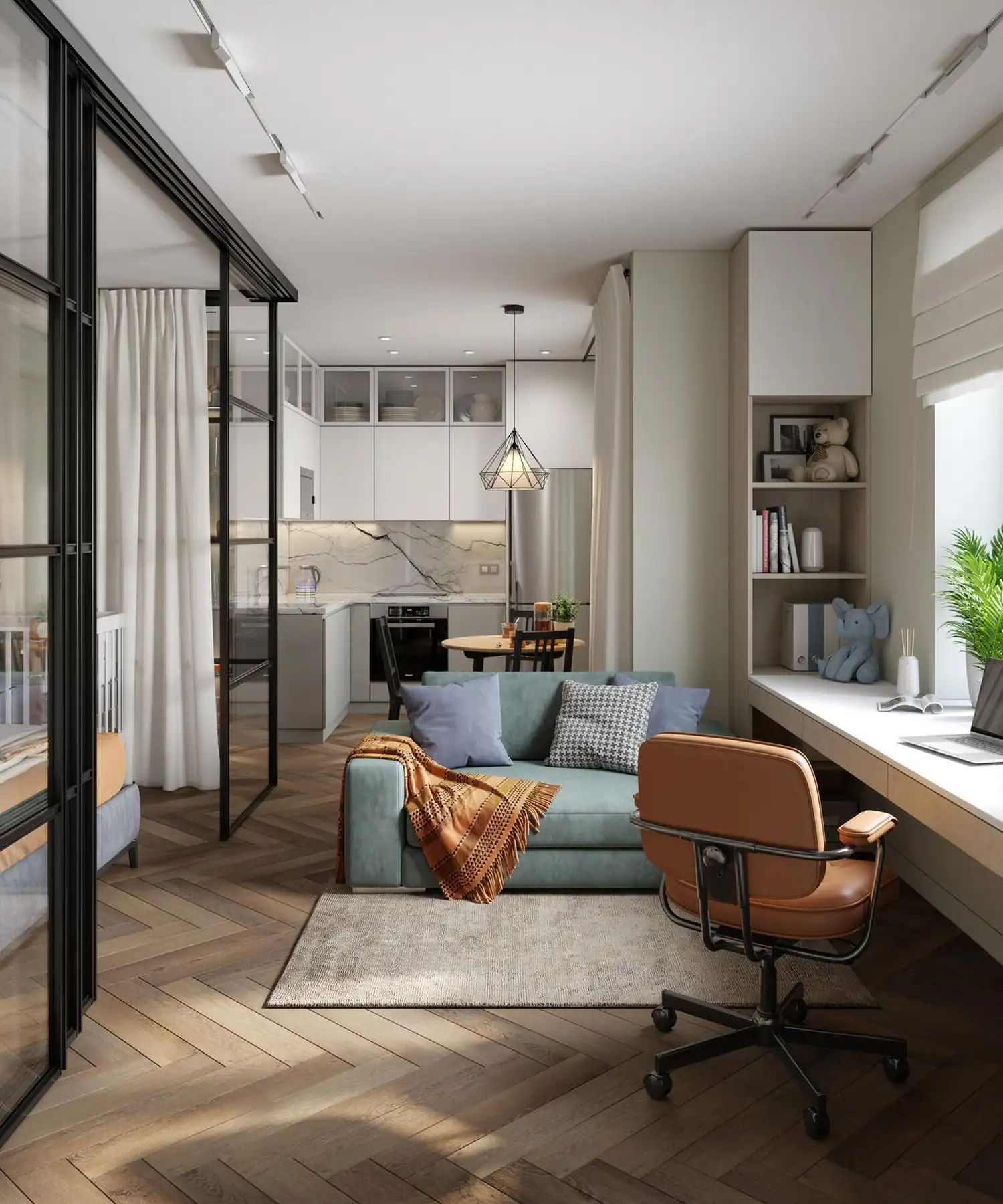 salon cuisine ouverte et chambre fermée par verrière studio 43m2 pour trois décoration contemporaine