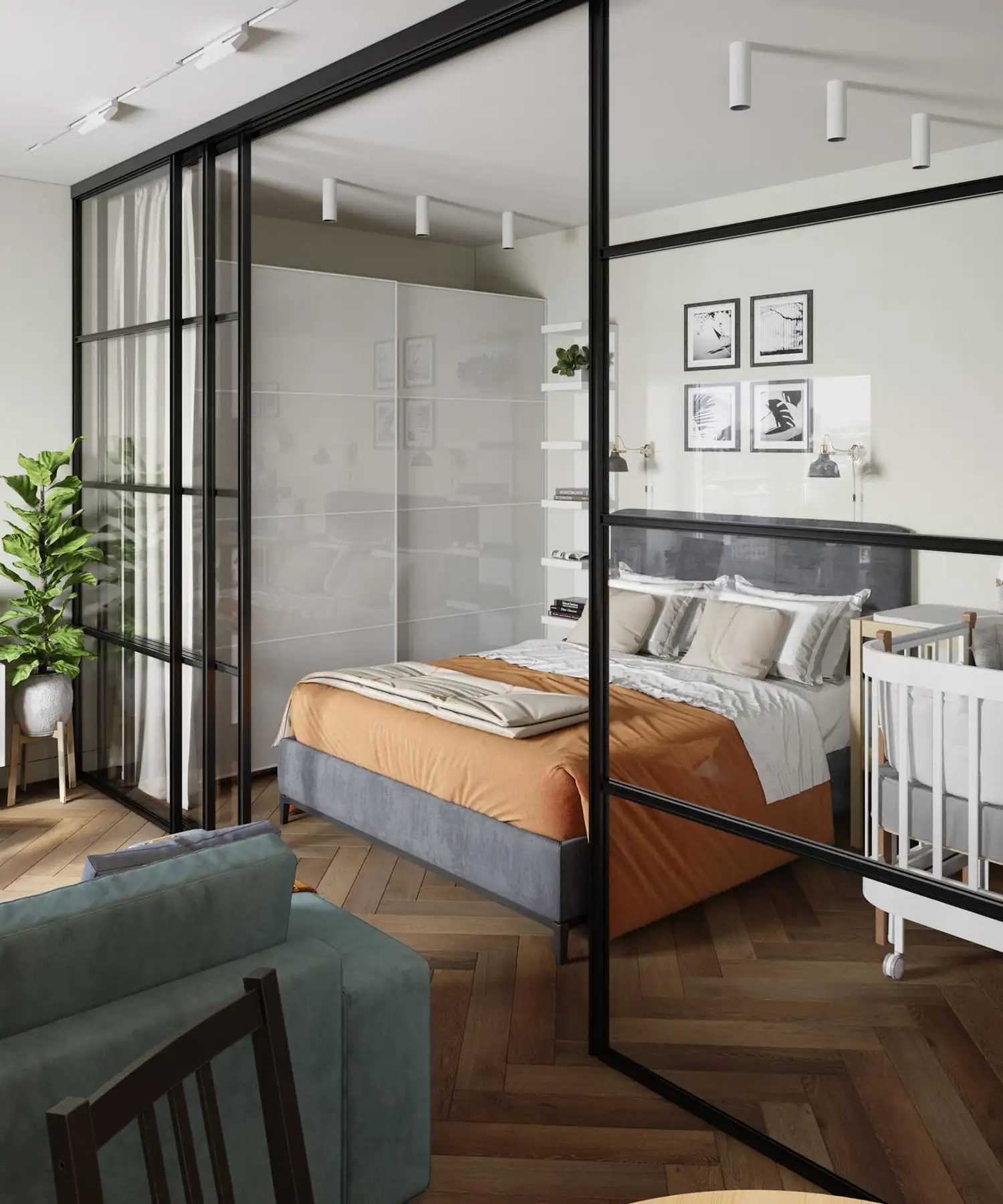 salon et chambre fermée par verrière studio 43m2 pour trois décoration contemporaine