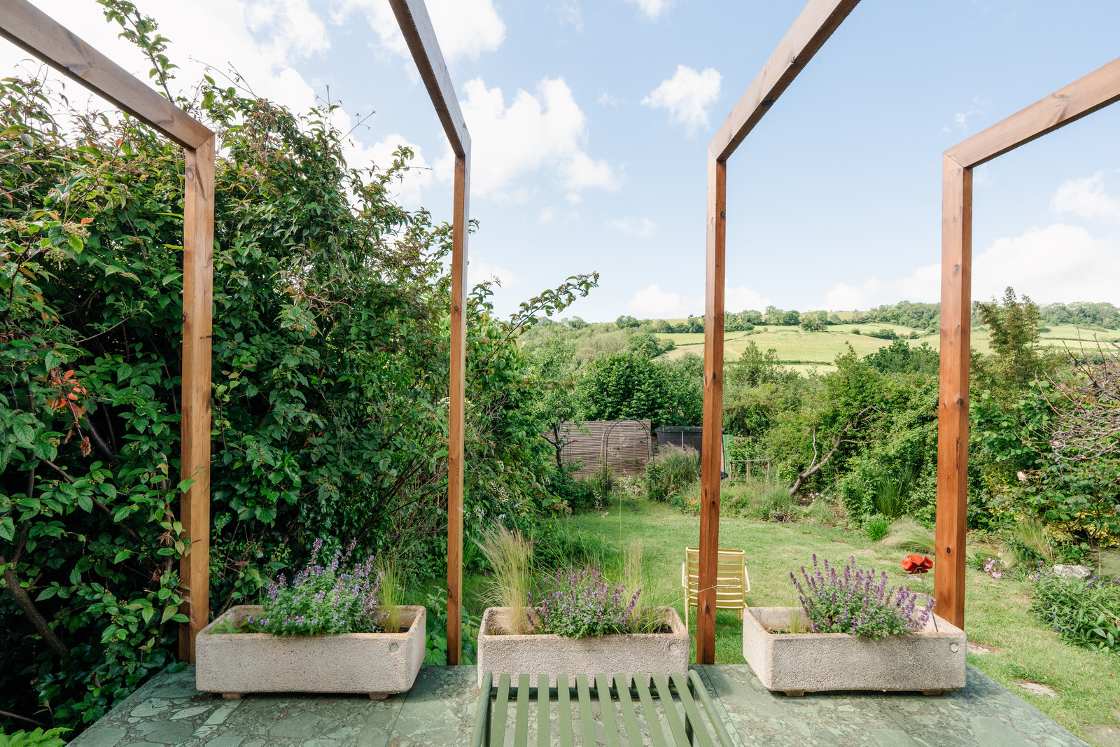 terrace with wooden pergola country view terrace with wooden pergola country view