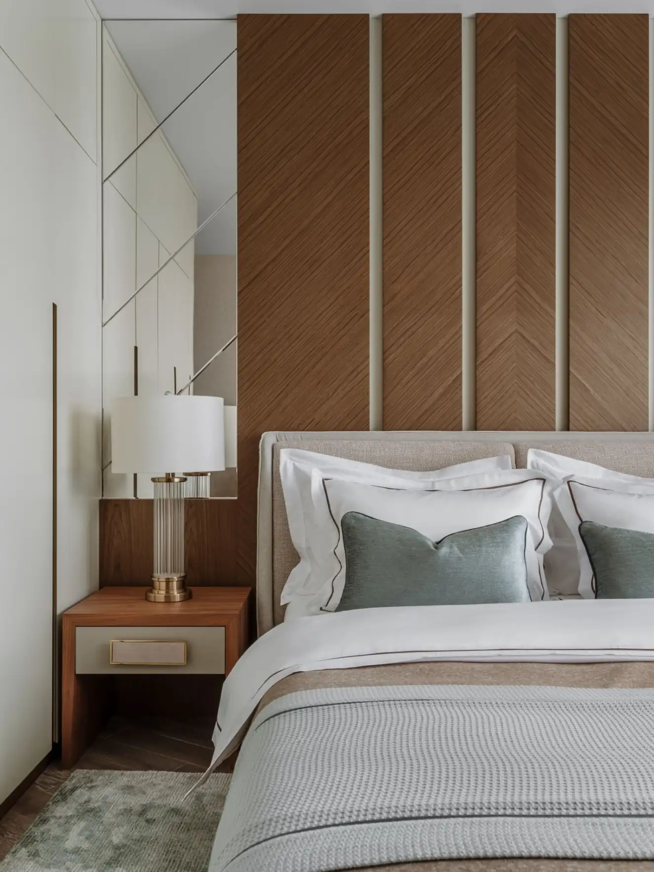 classic chic bedroom with wood headboard