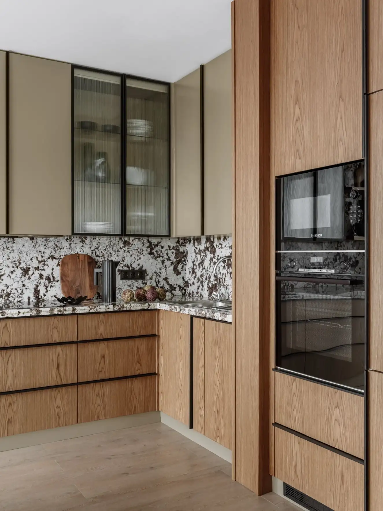 wood and marble kitchen contemporary decor 87sqm apartment