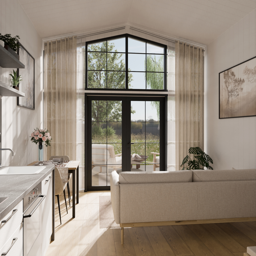 salon double hauteur pignon vitré tiny house Lucia par Vagabond Haven salon double hauteur pignon vitré tiny house Lucia par Vagabond Haven