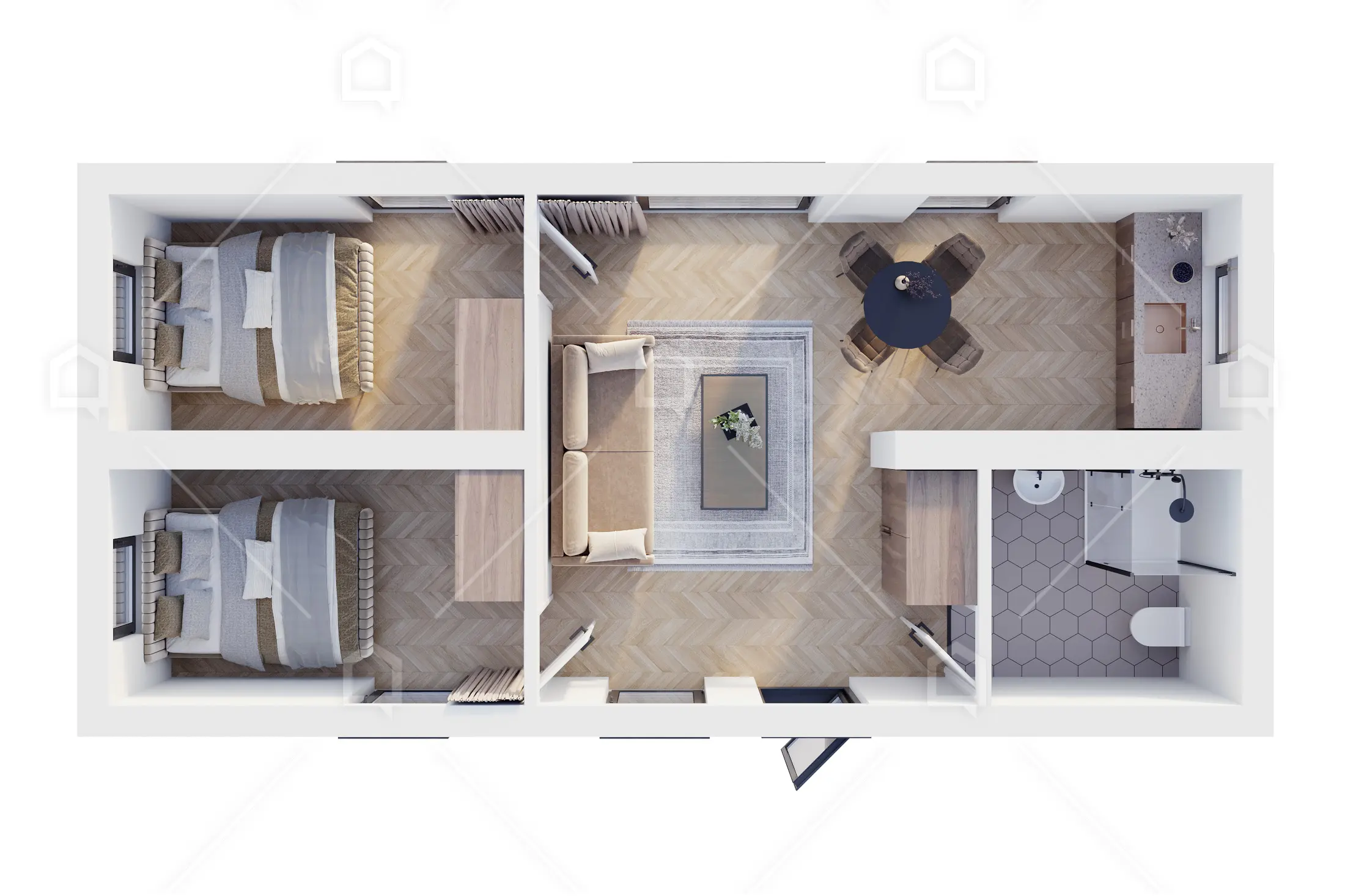 plan 3D petite maison en bois 48m2 toit plat France par Maestro Chalet modèle Atlas plan 3D petite maison en bois 48m2 toit plat France par Maestro Chalet modèle Atlas