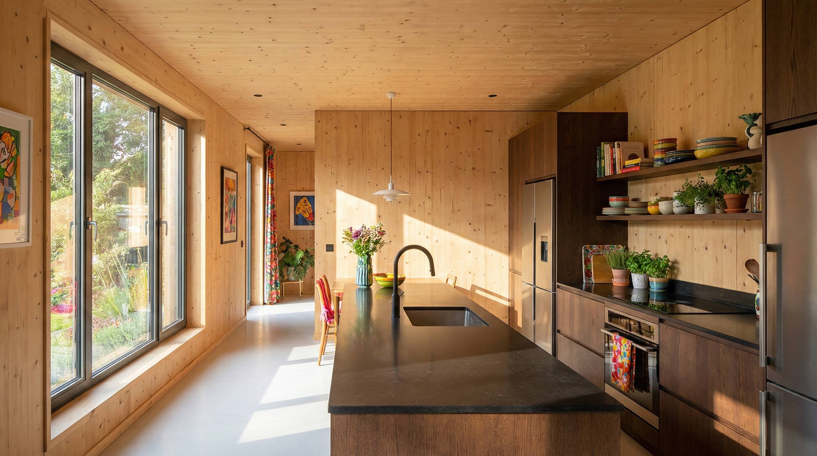 cuisine ouverte murs bois décoration contemporaine Greenkub