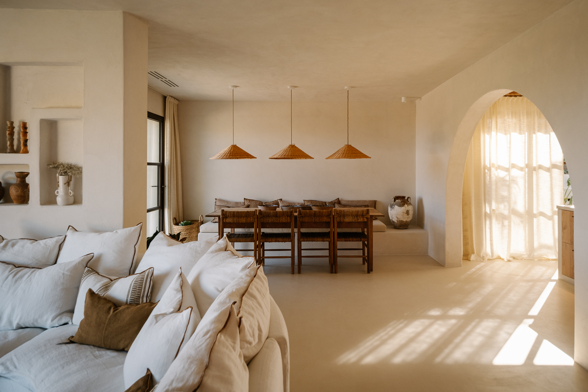 dining room and living room natural tones Mediterranean villa contemporary decor