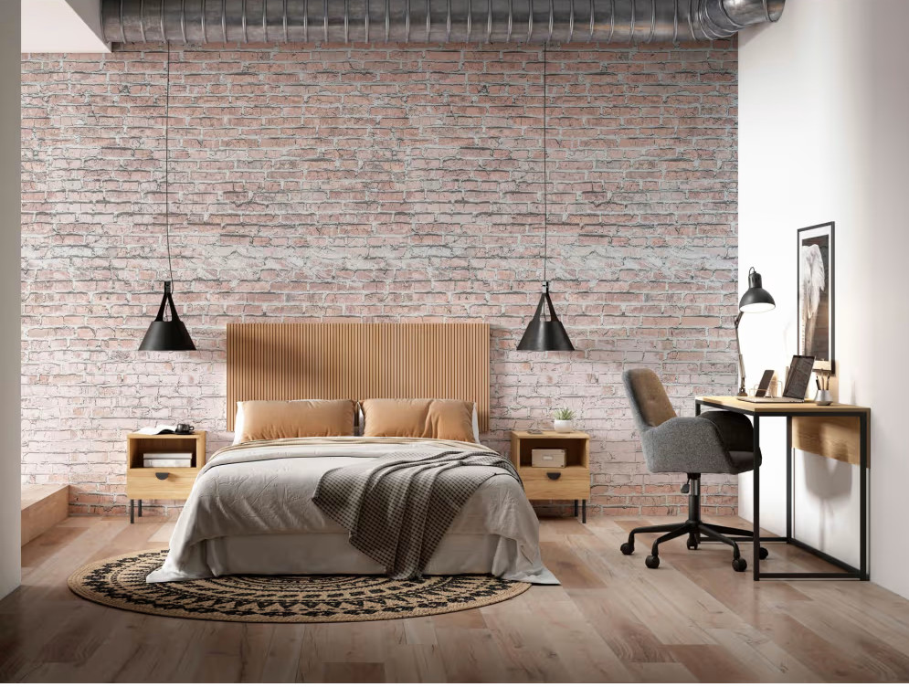 chambre contemporaine murs de briques anciennes