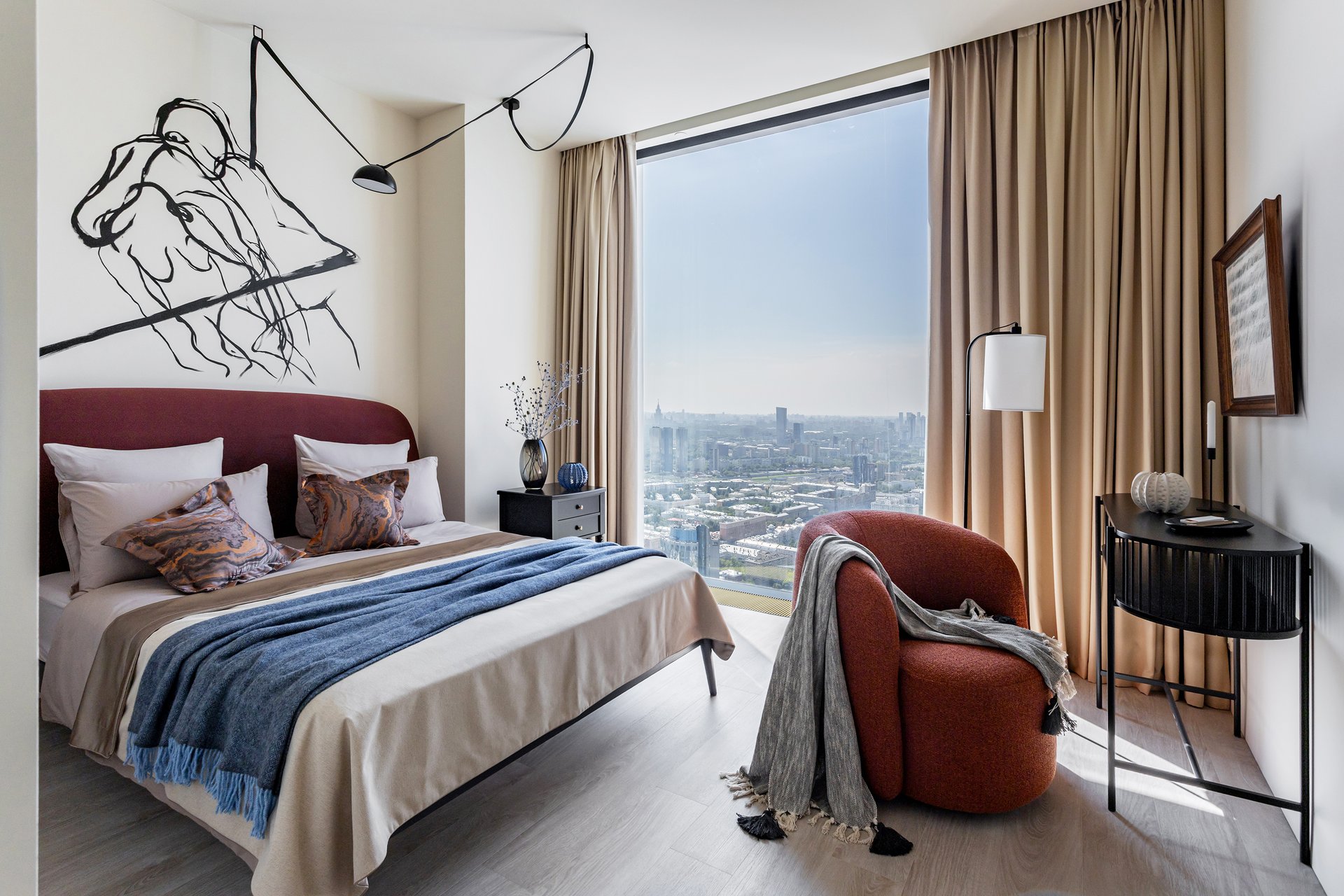 chambre avec baie vitrée vue ville deux-pièces 57m2 décoration contemporaine chambre avec baie vitrée vue ville deux-pièces 57m2 décoration contemporaine