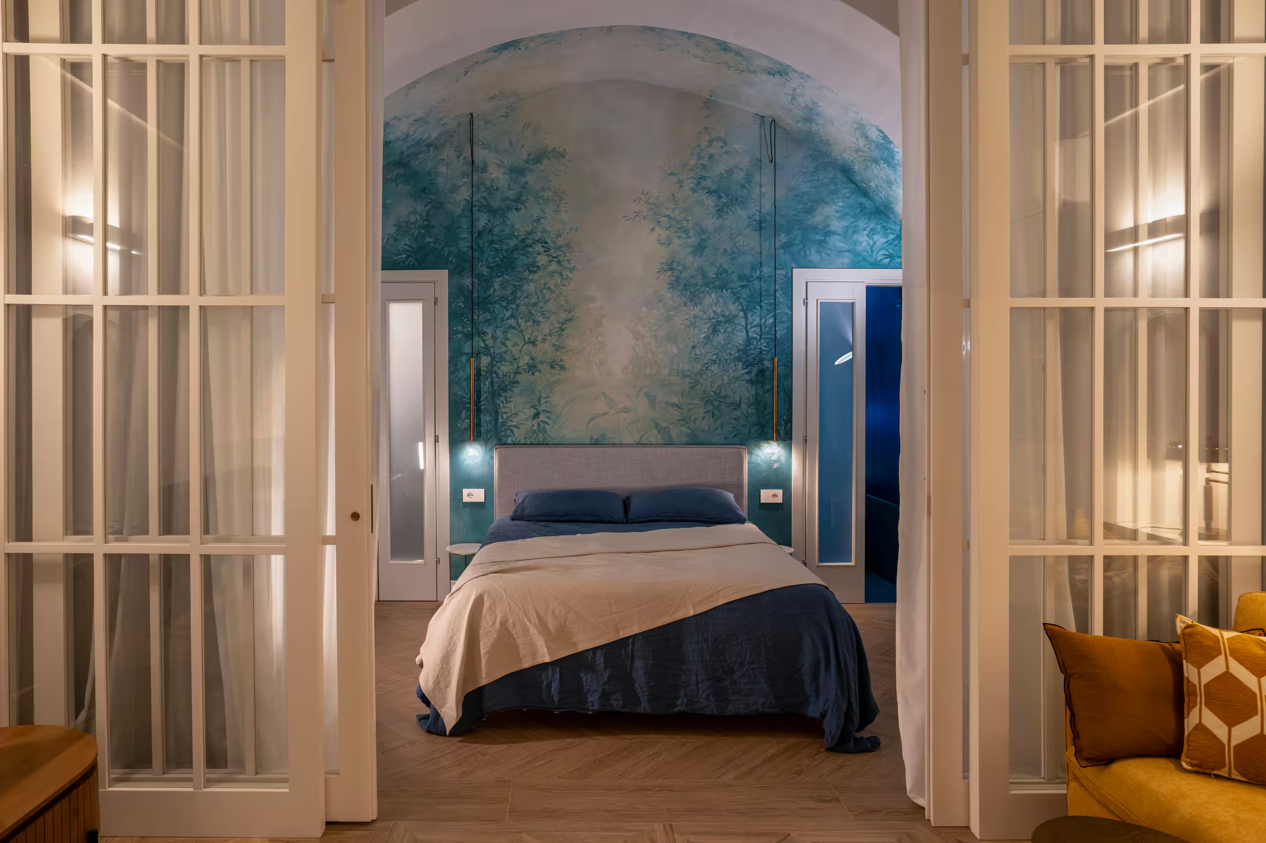 blue bedroom with vaulted ceiling historic artist’s home Cagliari contemporary decor Dimora LAJ blue bedroom with vaulted ceiling historic artist’s home Cagliari contemporary decor Dimora LAJ