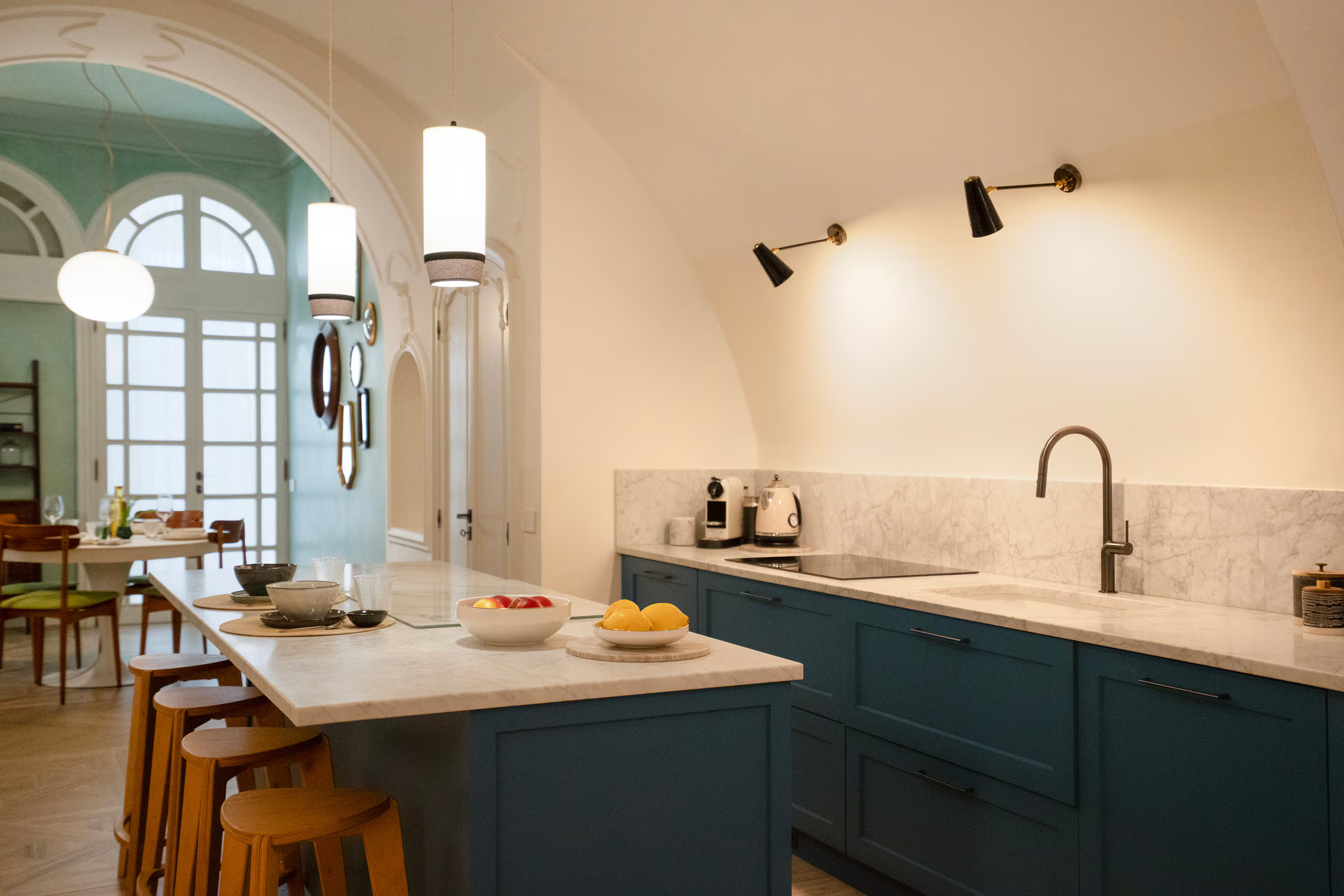 blue kitchen with arched entrance and vaults historic artist’s home Cagliari contemporary decor Dimora LAJ blue kitchen with arched entrance and vaults historic artist’s home Cagliari contemporary decor Dimora LAJ