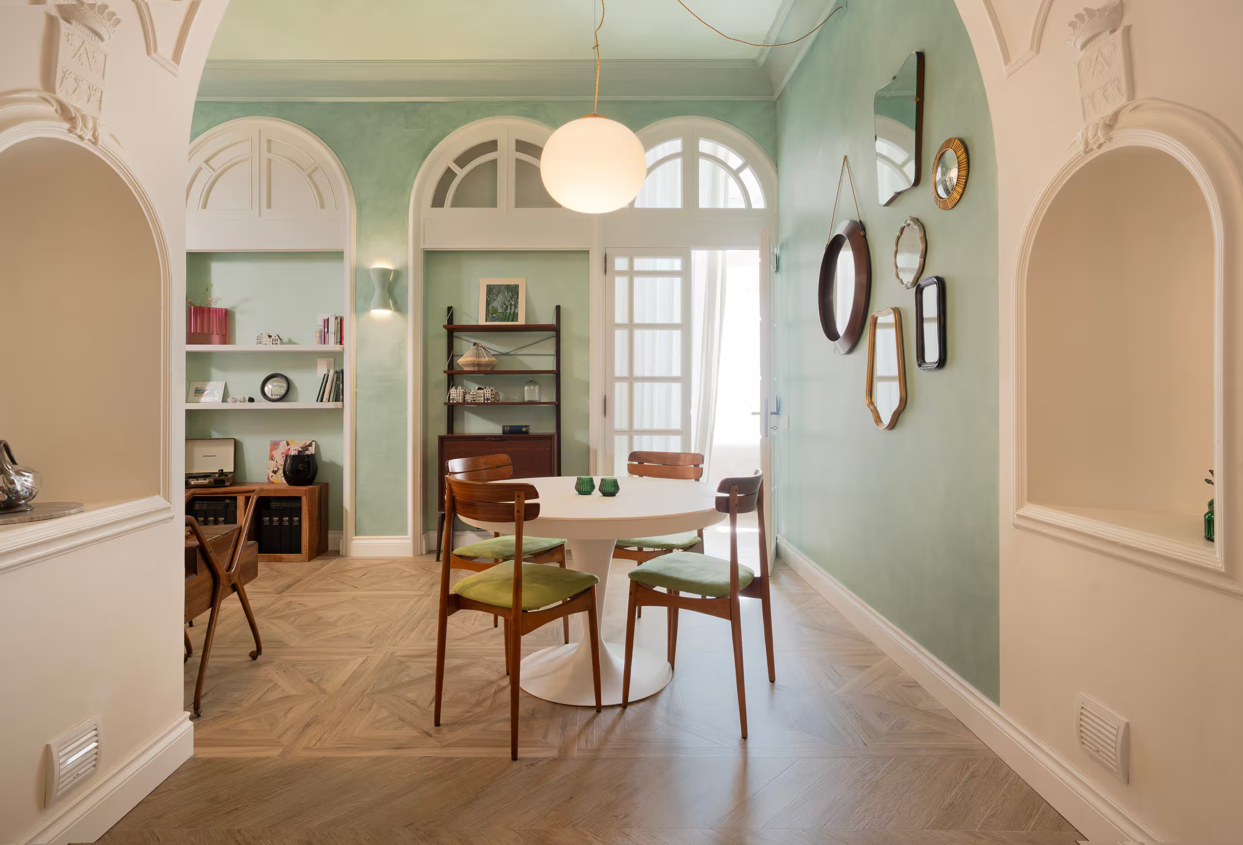 mid century dining room with green walls historic artist’s home Cagliari contemporary decor Dimora LAJ mid century dining room with green walls historic artist’s home Cagliari contemporary decor Dimora LAJ