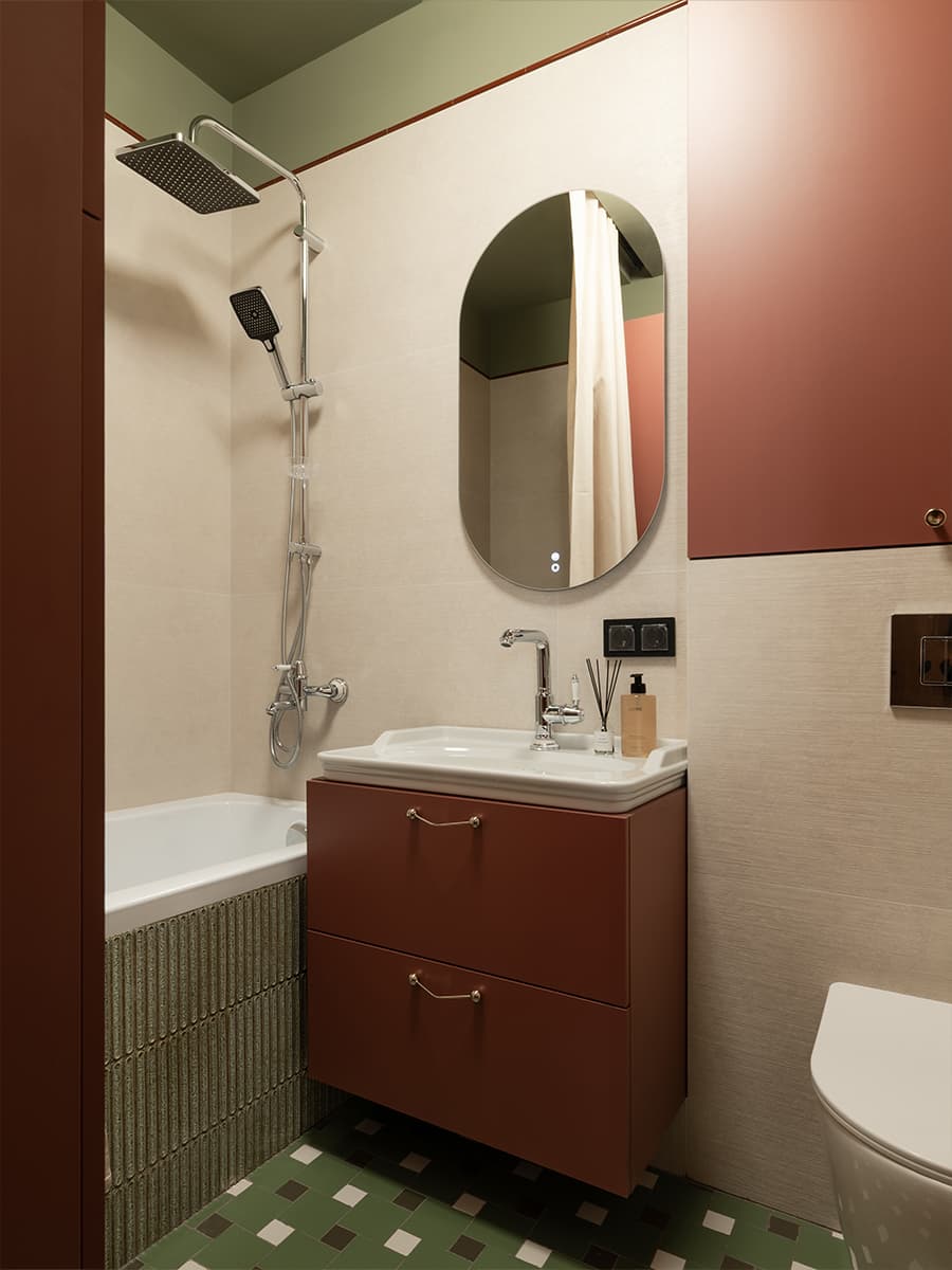 salle de bain terracotta et verte décoration contemporaine petit appartement de 42m2 salle de bain terracotta et verte décoration contemporaine petit appartement de 42m2
