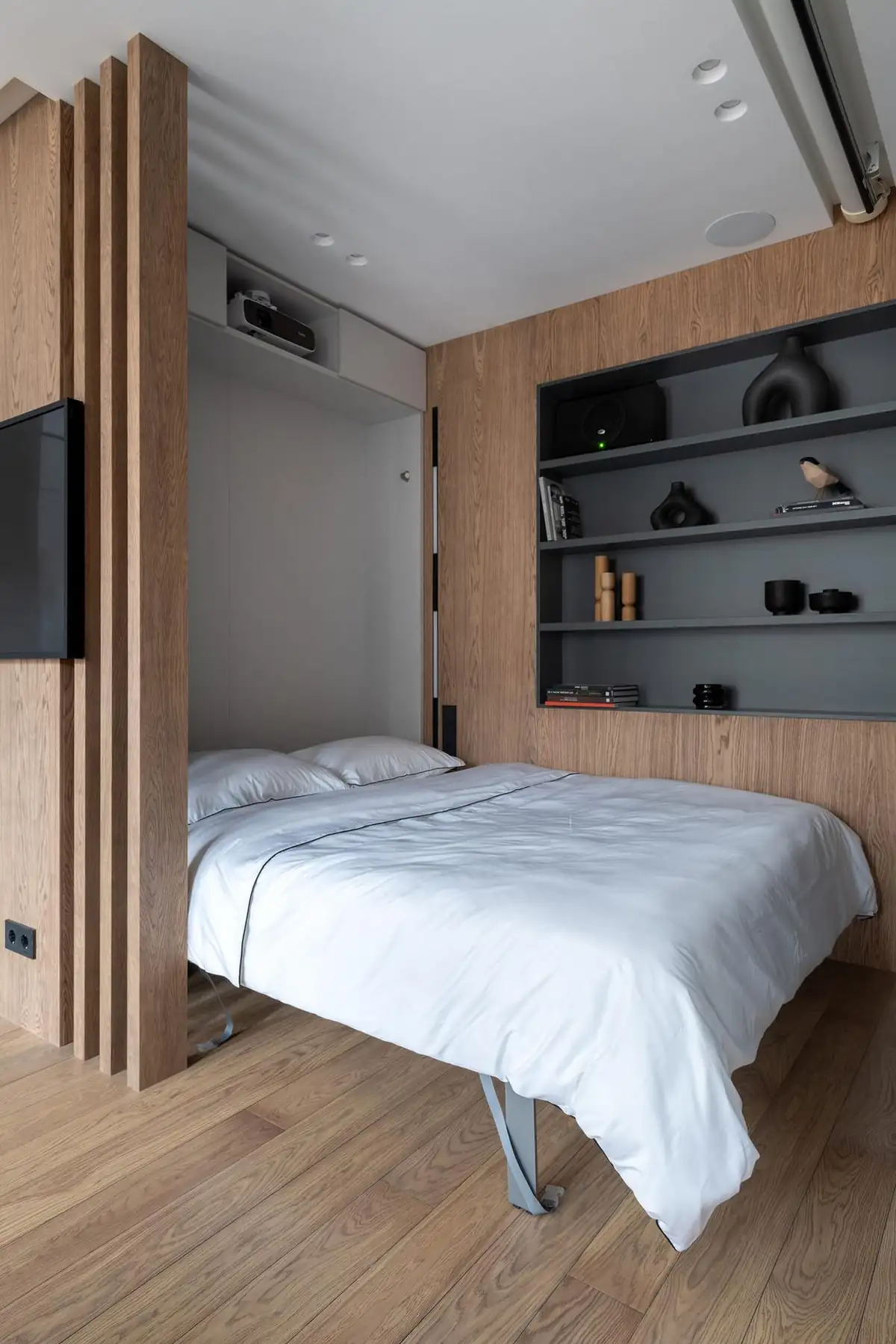 espace chambre avec lit escamotable décoration contemporaine petit appartement de 46m2